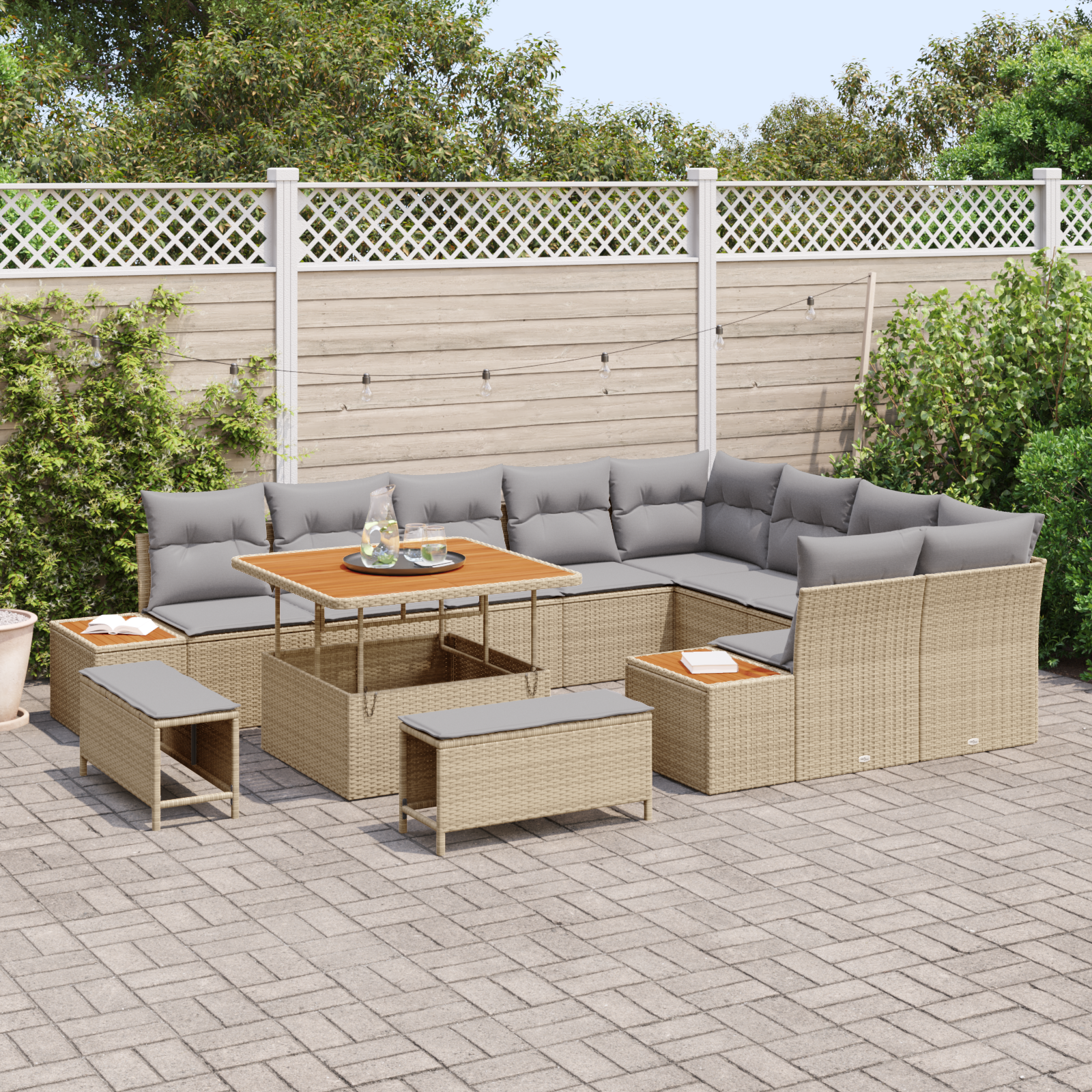 vidaXL 12-delige Tuinbankenset met kussens poly rattan acacia beige