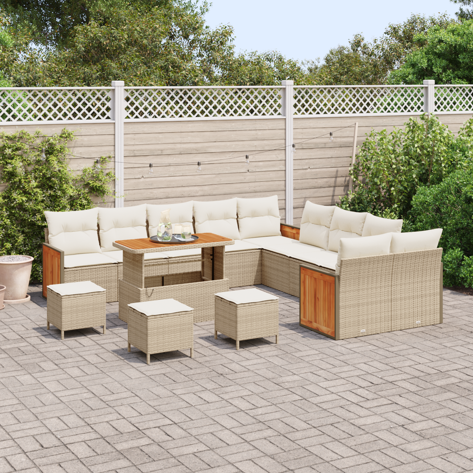 vidaXL 14-delige Tuinbank Set met Kussens Beige Poly Rattan Acacia
