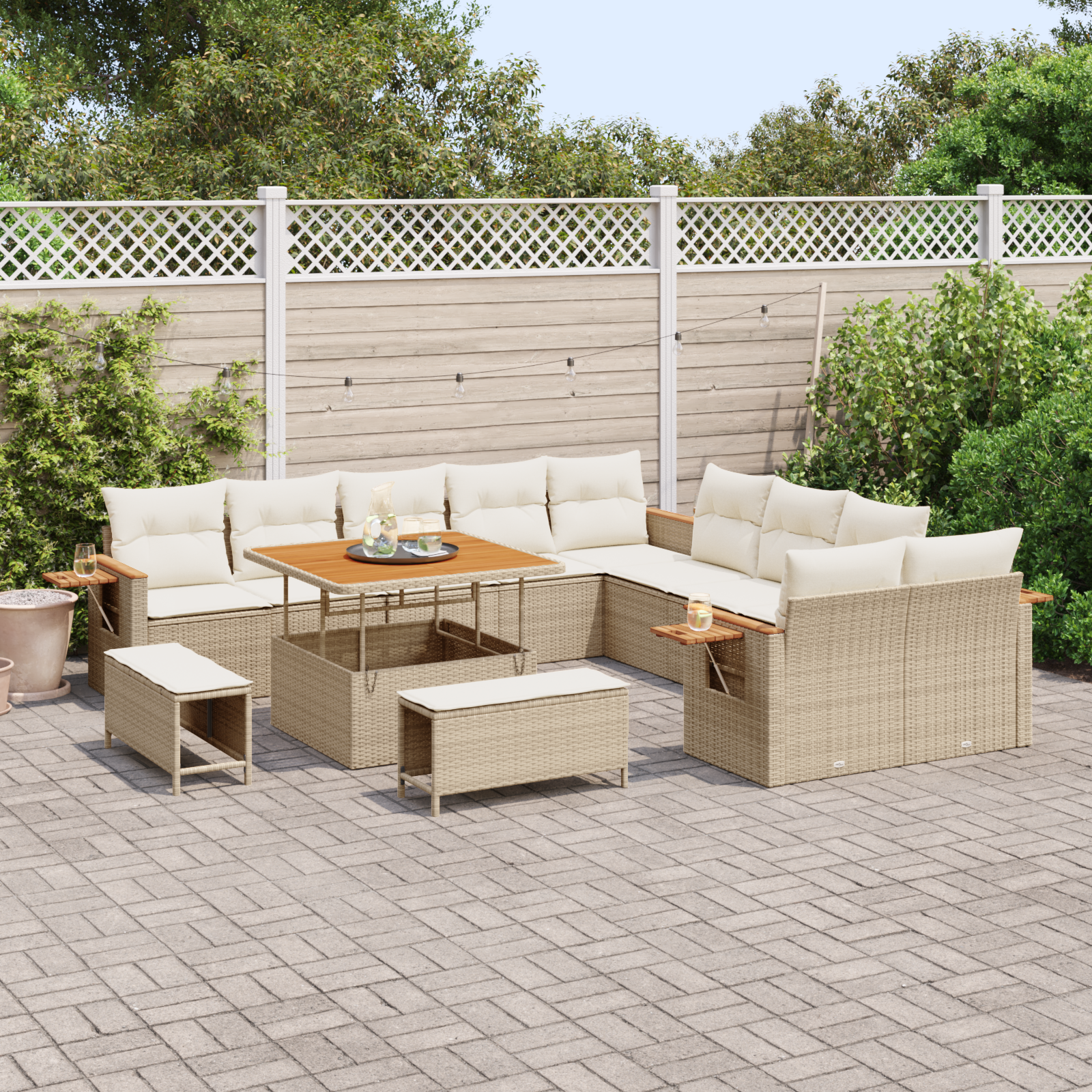 vidaXL 13-delige tuinbank set met kussens - beige poly rattan en acacia