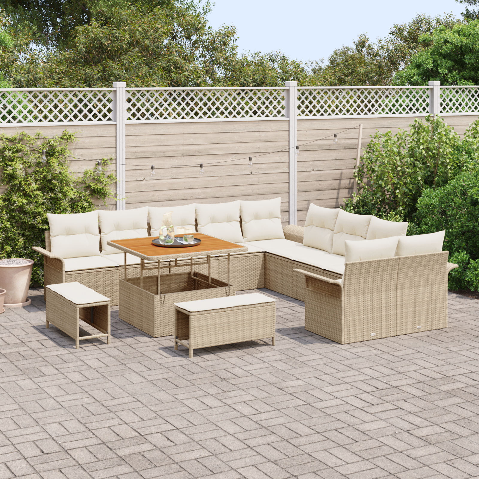 vidaXL 13-delige Tuinbankenset met kussens poly rattan acacia beige