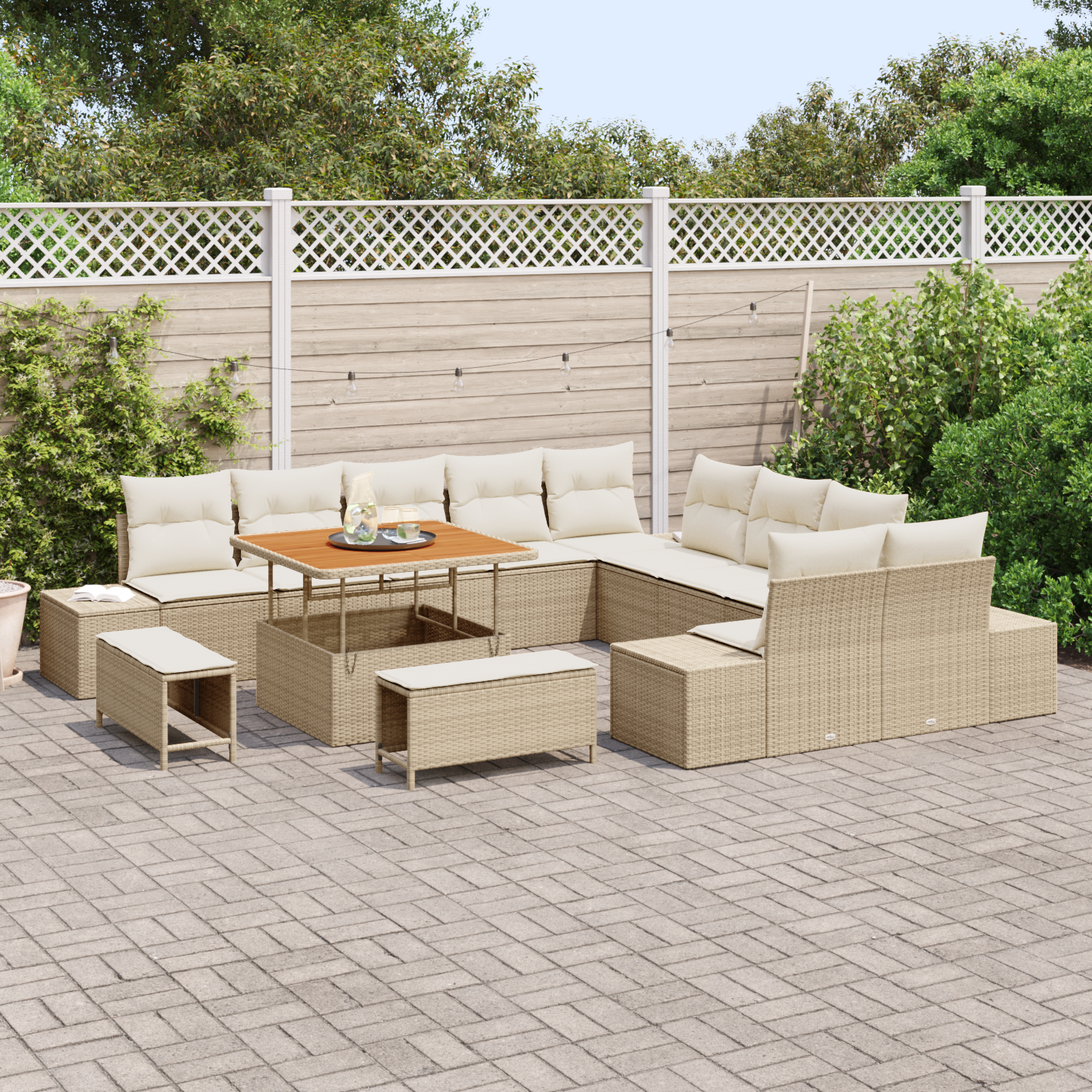 vidaXL 13-delige Tuinbankenset met kussens poly rattan acacia beige
