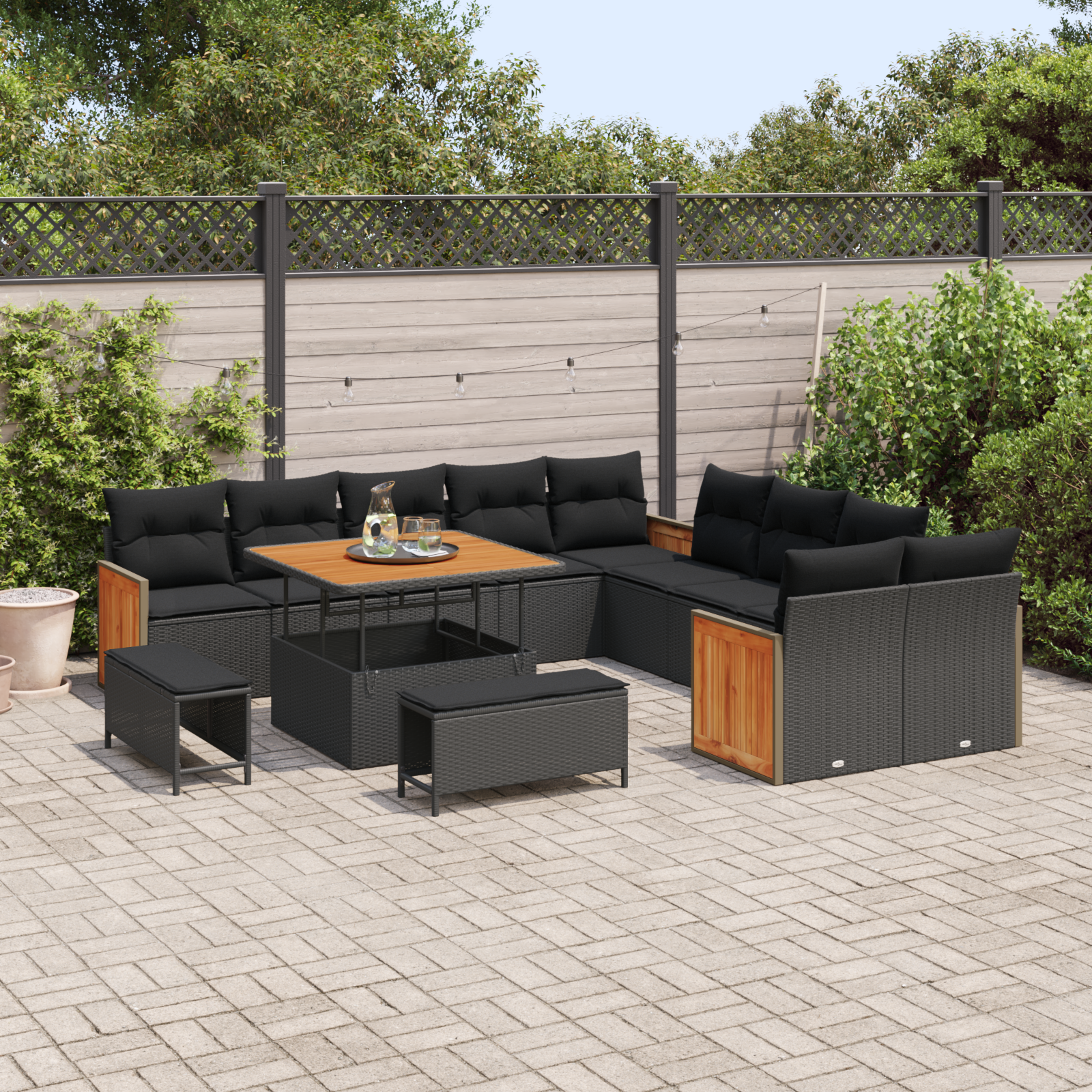 vidaXL 13-delige Tuinbank Set met Kussens Zwart Poly Rattan Acacia