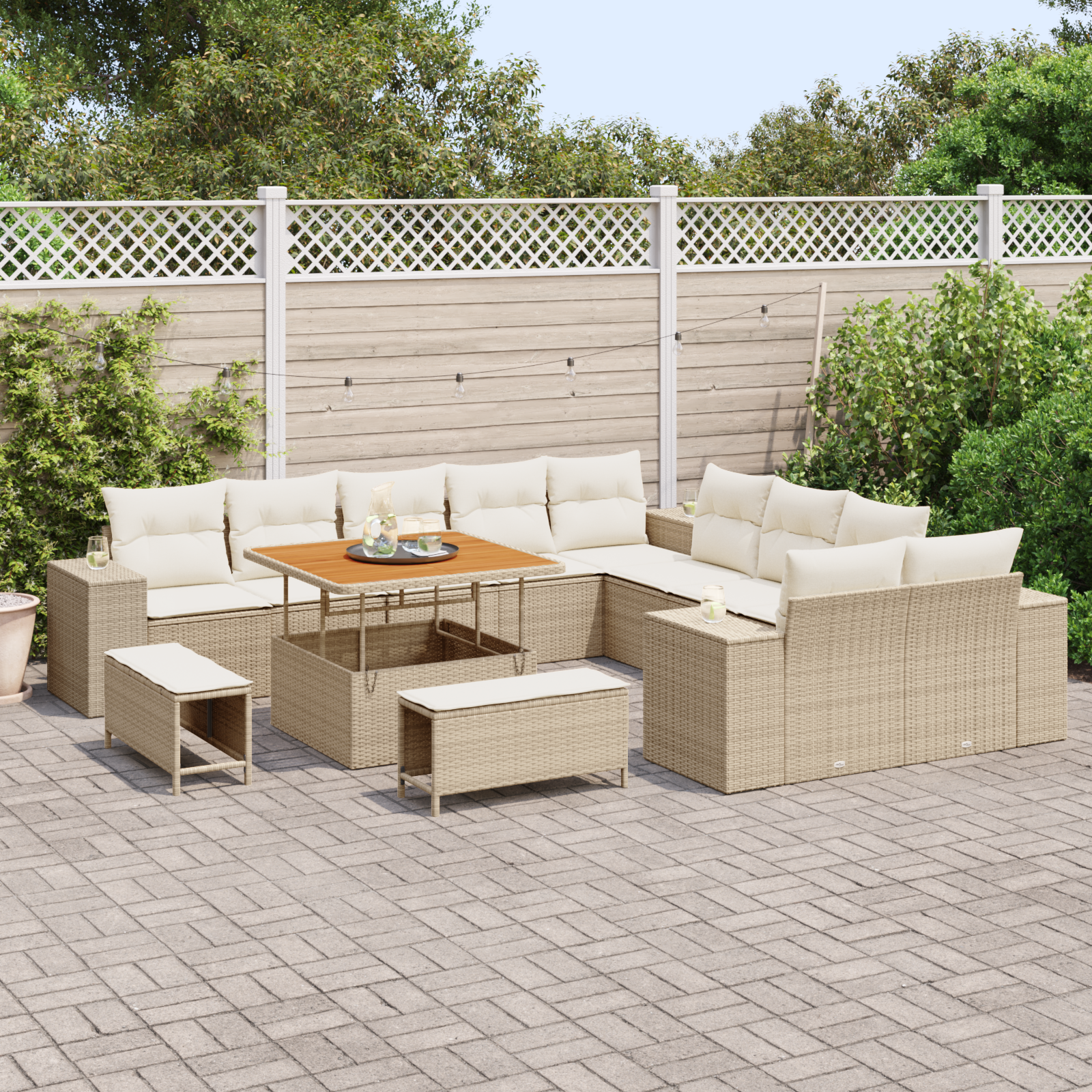 vidaXL 13-delige tuinset met kussens in beige poly rattan en acacia