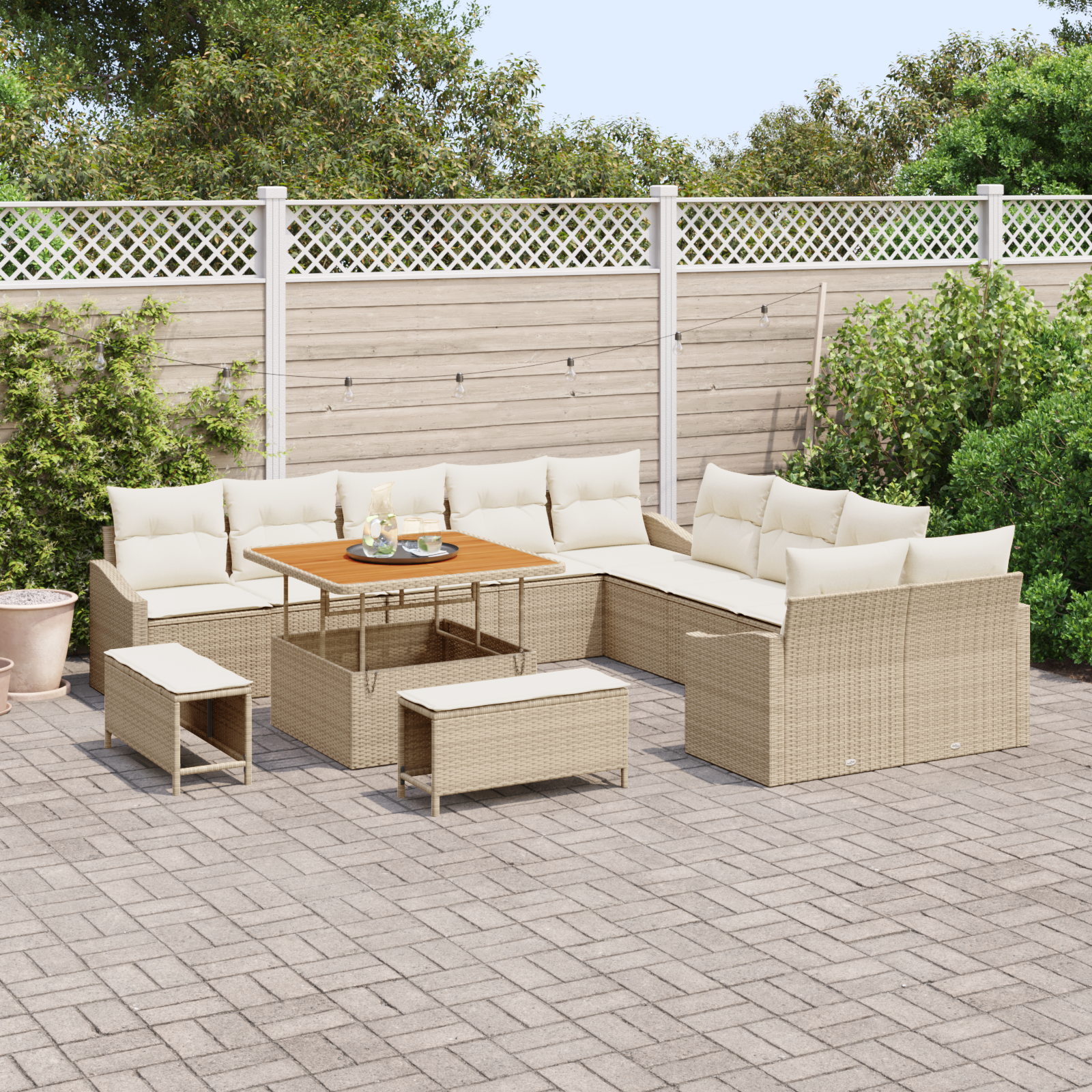 vidaXL 13-delige tuinbankset met kussens in beige poly riet en acacia