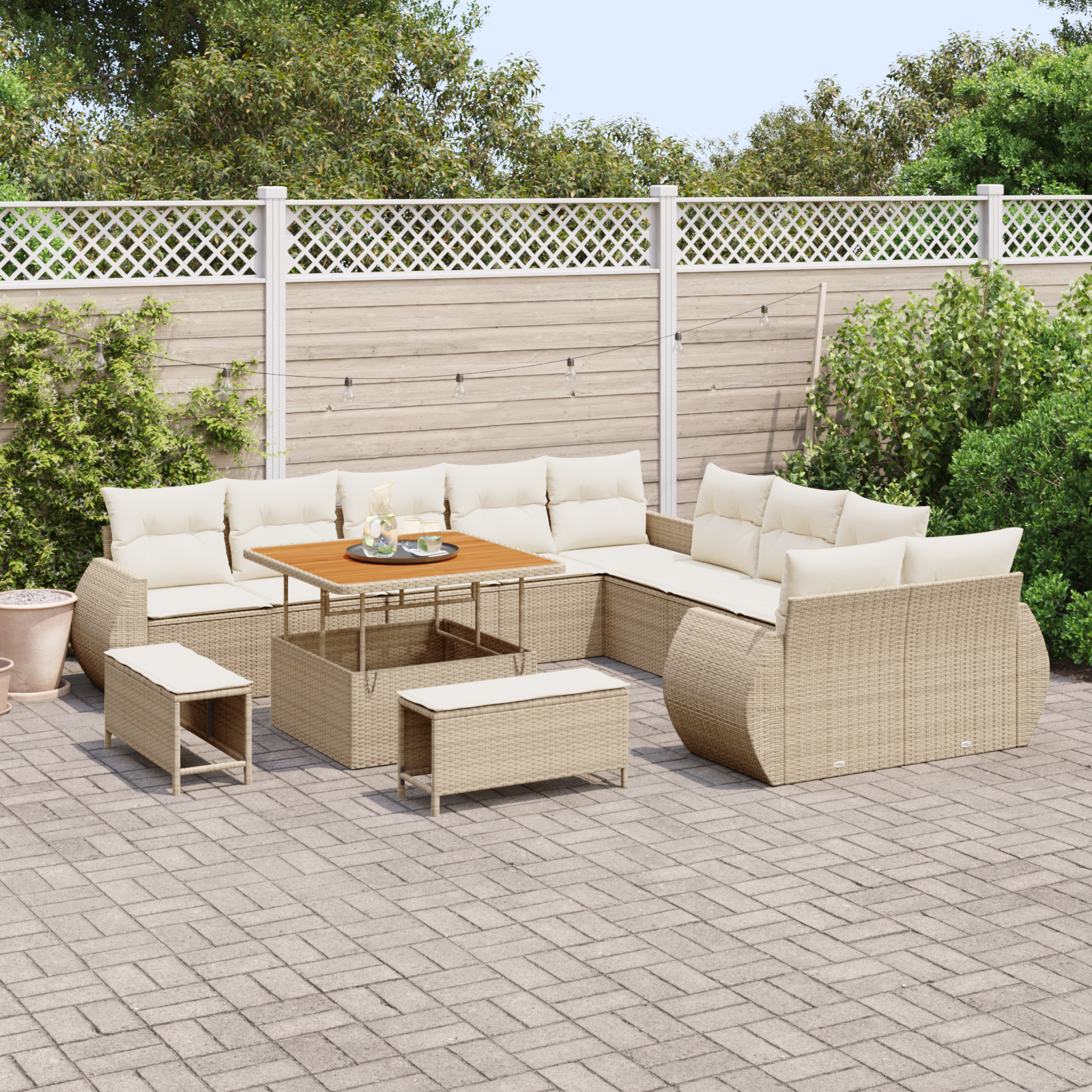 vidaXL 13-delige tuinset met kussens in beige poly rattan en acacia