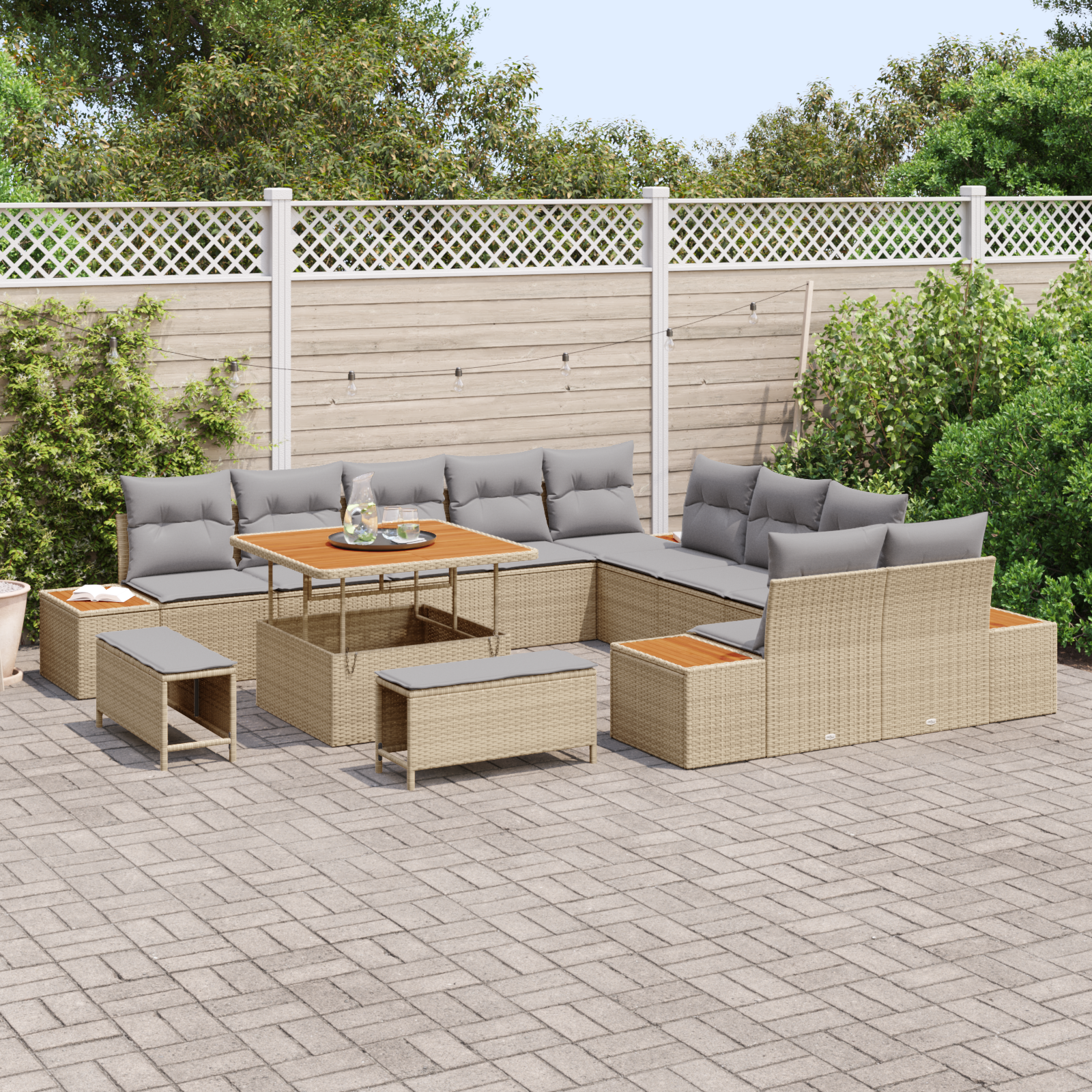 vidaXL 13-delige ligbed set met kussens beige poly rattan acacia
