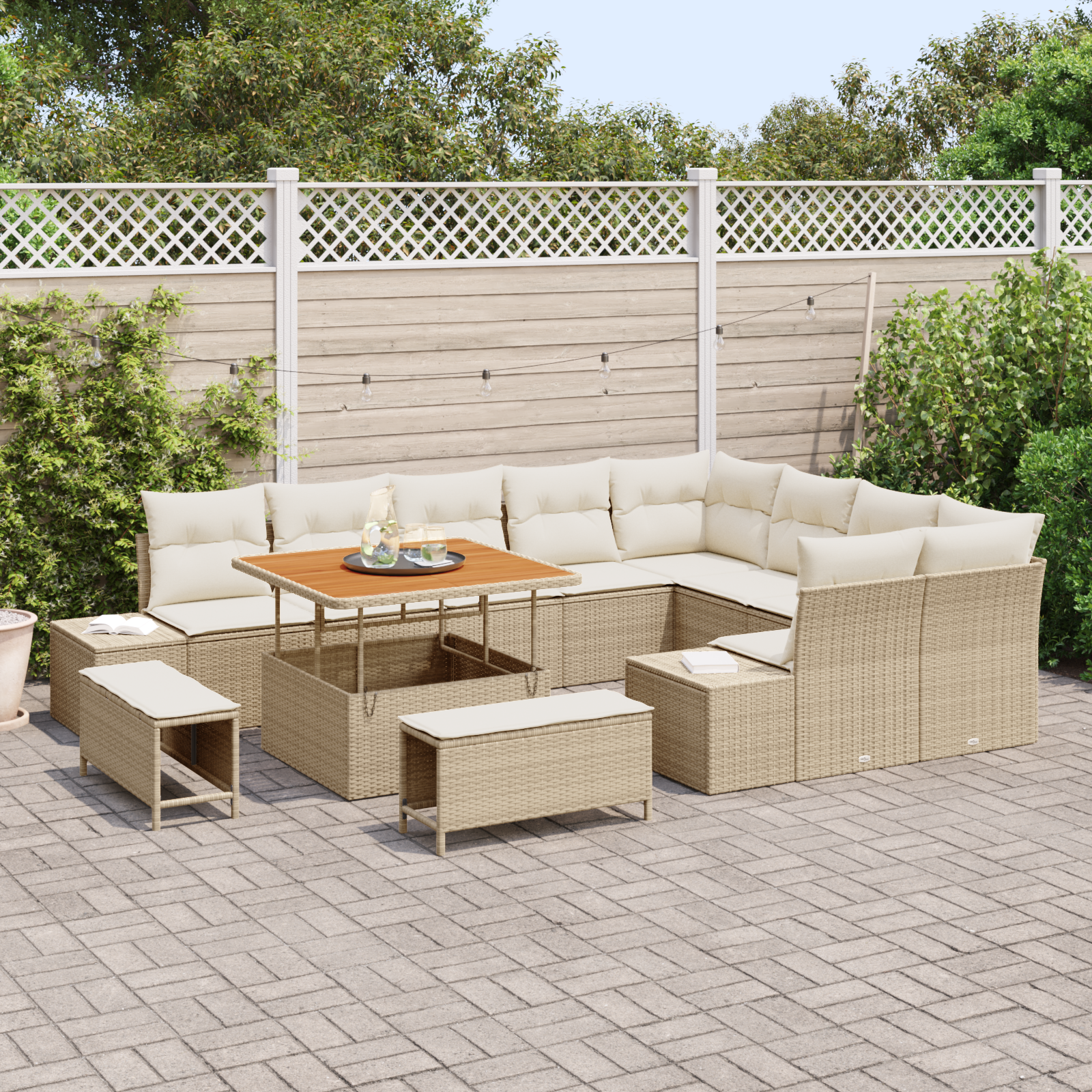 vidaXL 12-delige Tuinbankenset met kussens poly rattan acacia beige