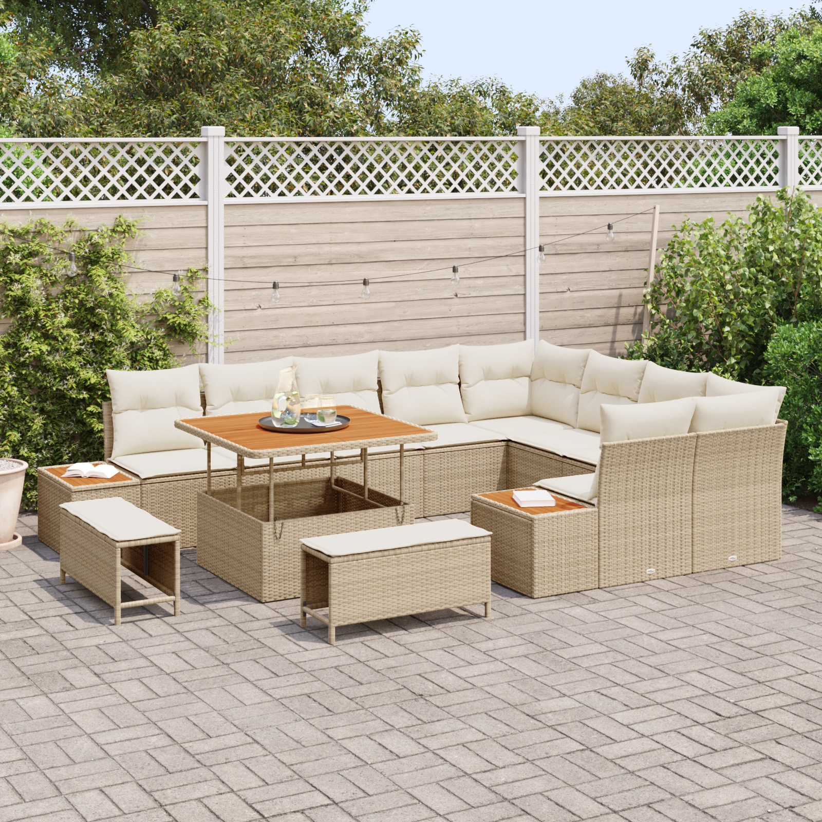 vidaXL 12-delige Tuinbankenset met kussens poly rattan acacia beige