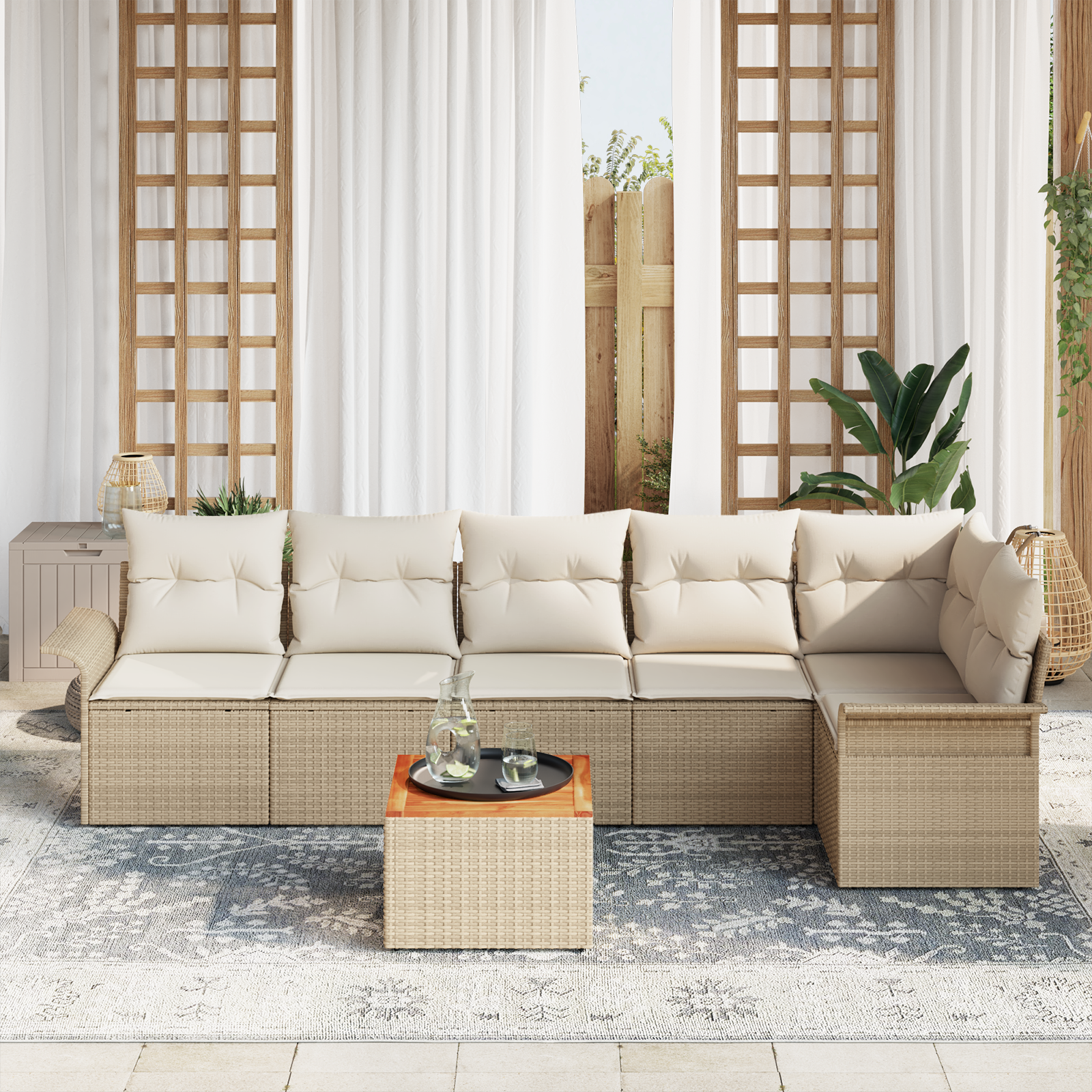 vidaXL 7-delige tuinbankset met kussens in beige poly rattan en acacia