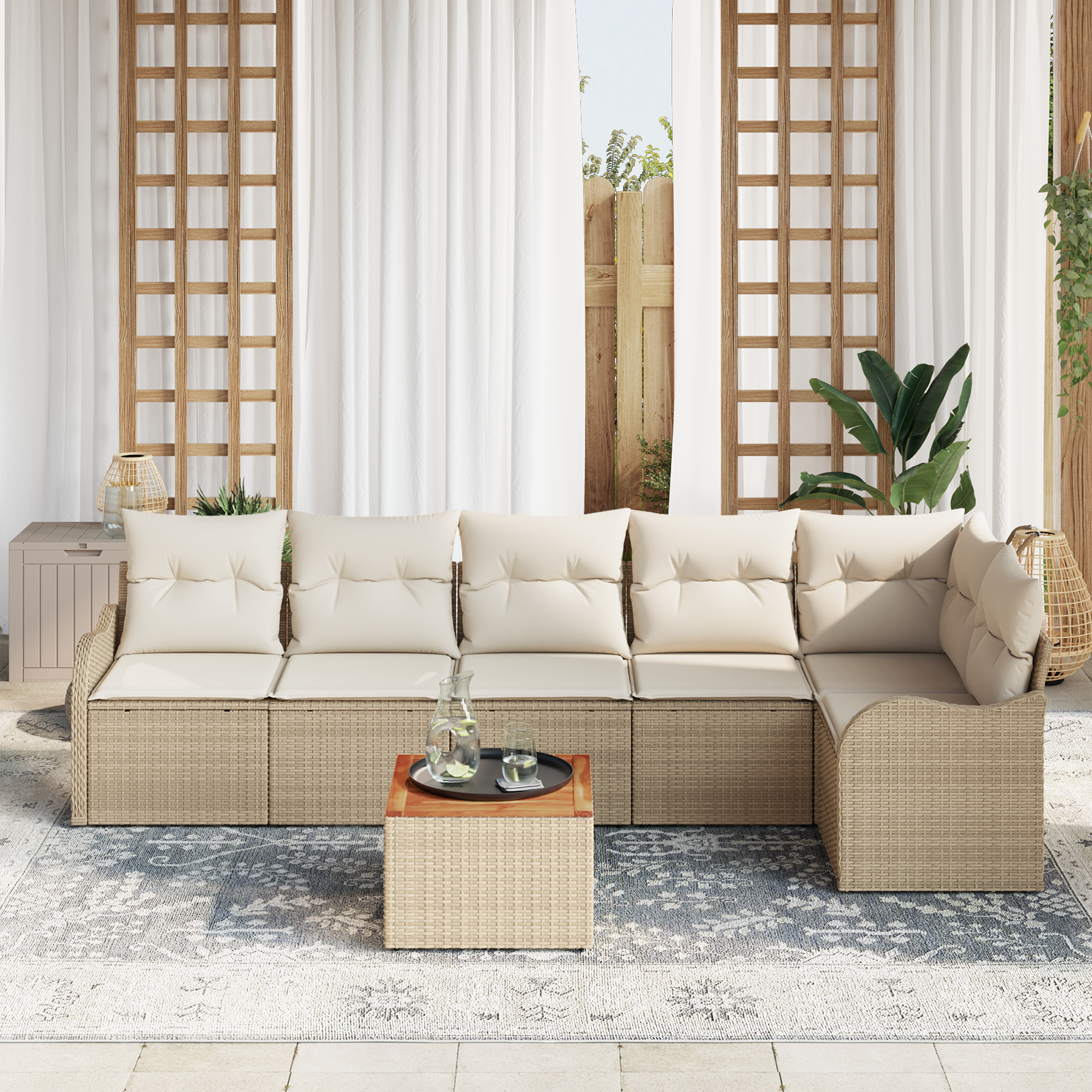 vidaXL 7-delige Tuinset met Kussens Beige Poly Rattan Acacia