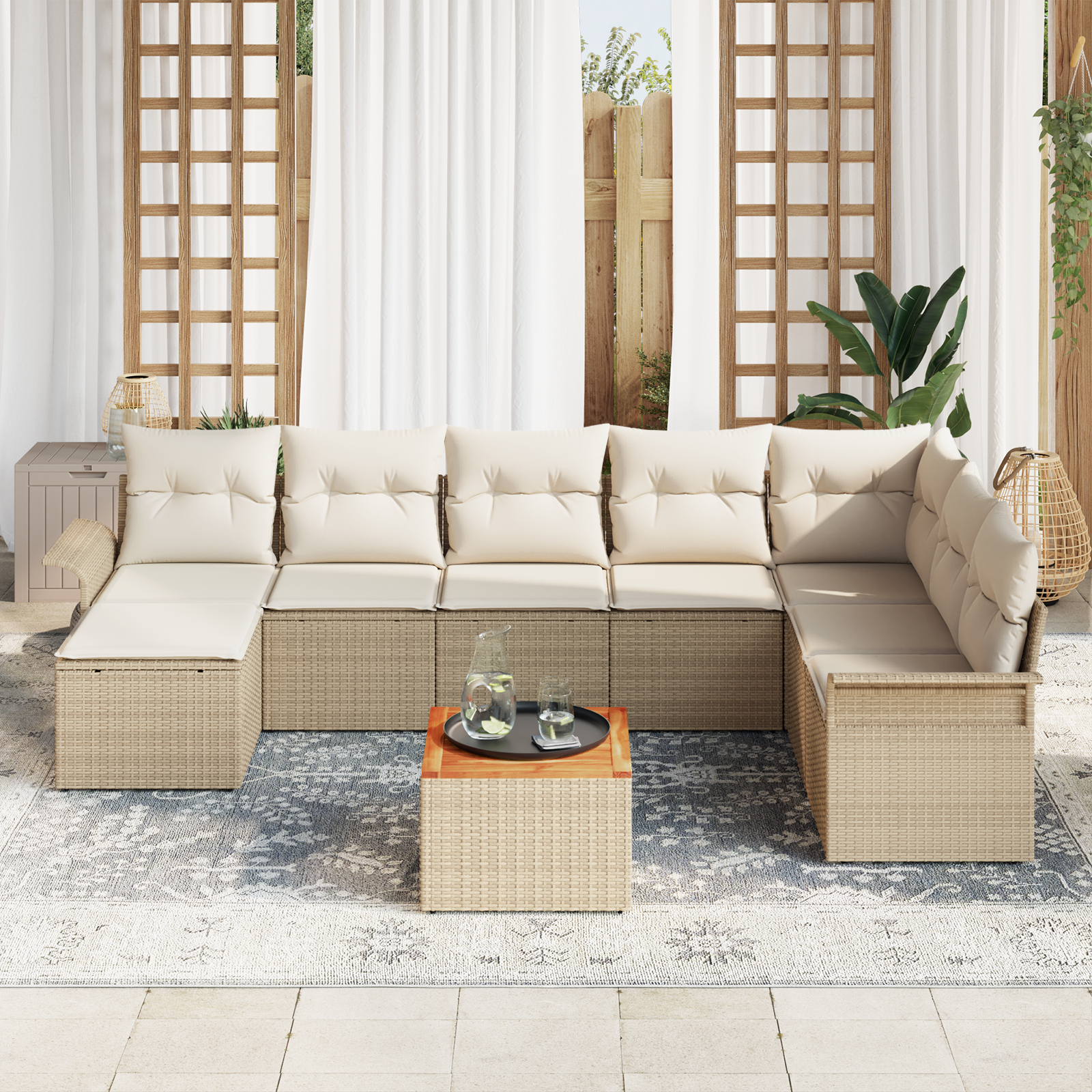vidaXL 9-delige tuinsofa set met kussens in beige van poly rattan en acacia