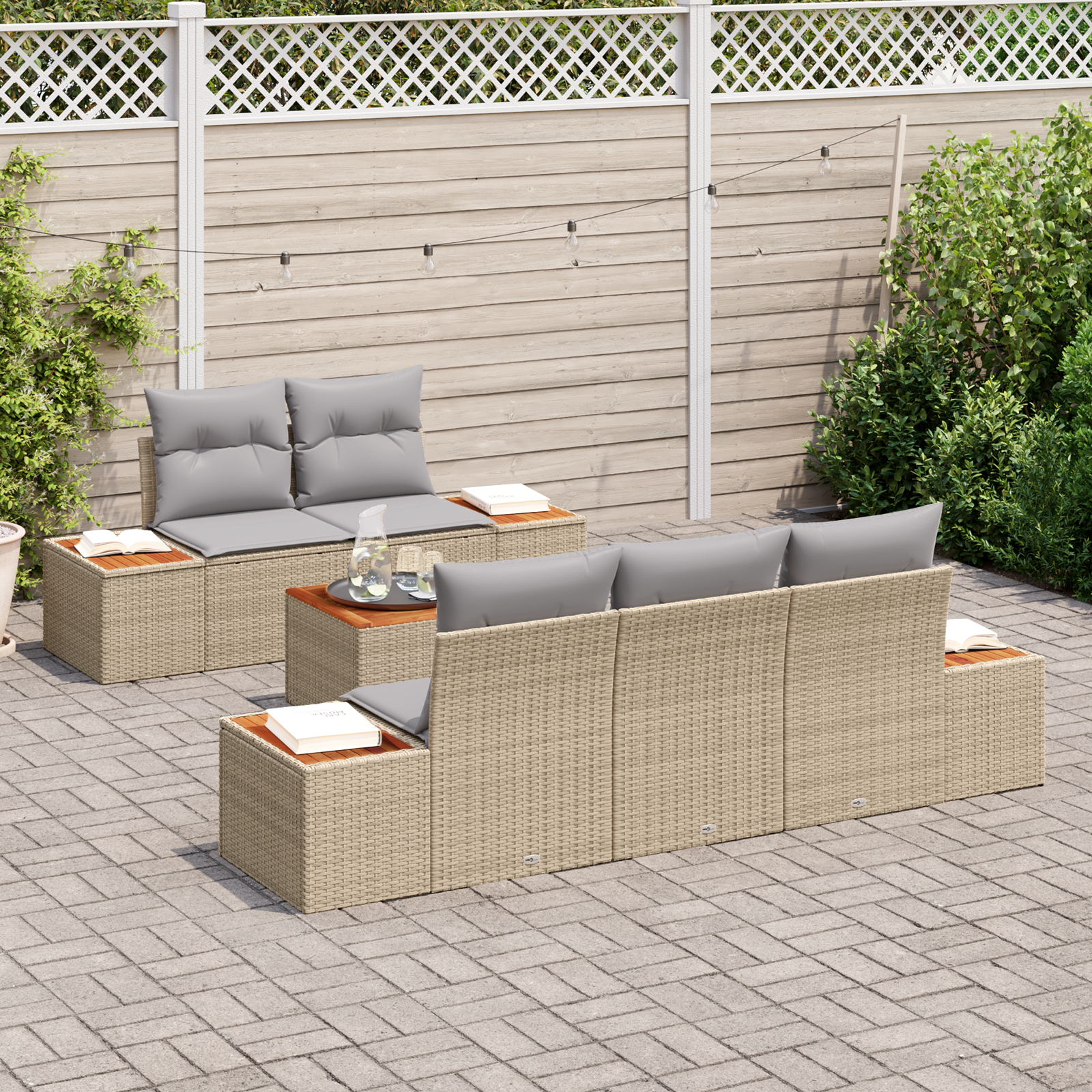 vidaXL 6-delige tuinset met kussens in beige poly rattan en acacia