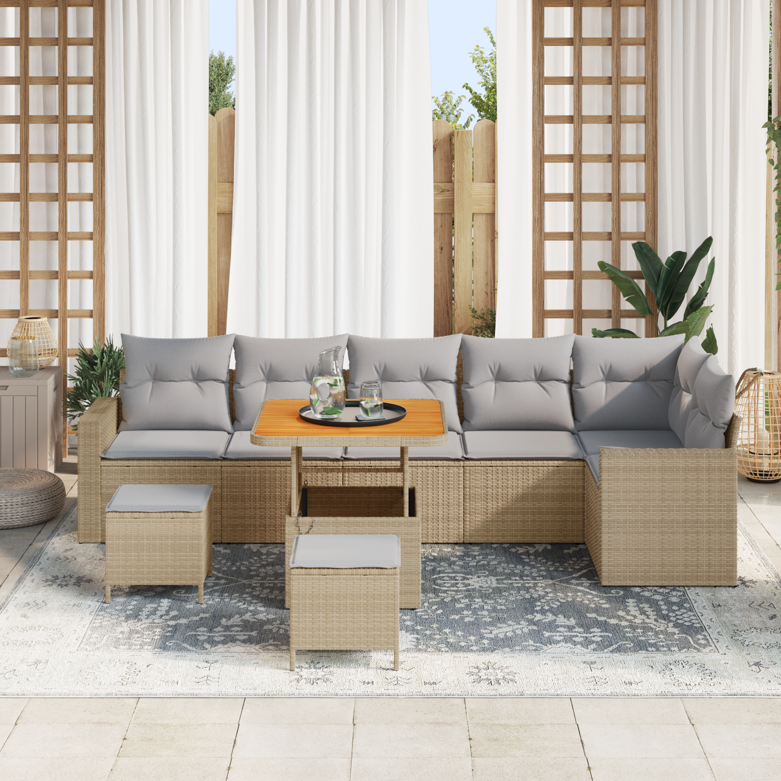 vidaXL 9-delige Tuinbankenset met kussens poly rattan acacia beige