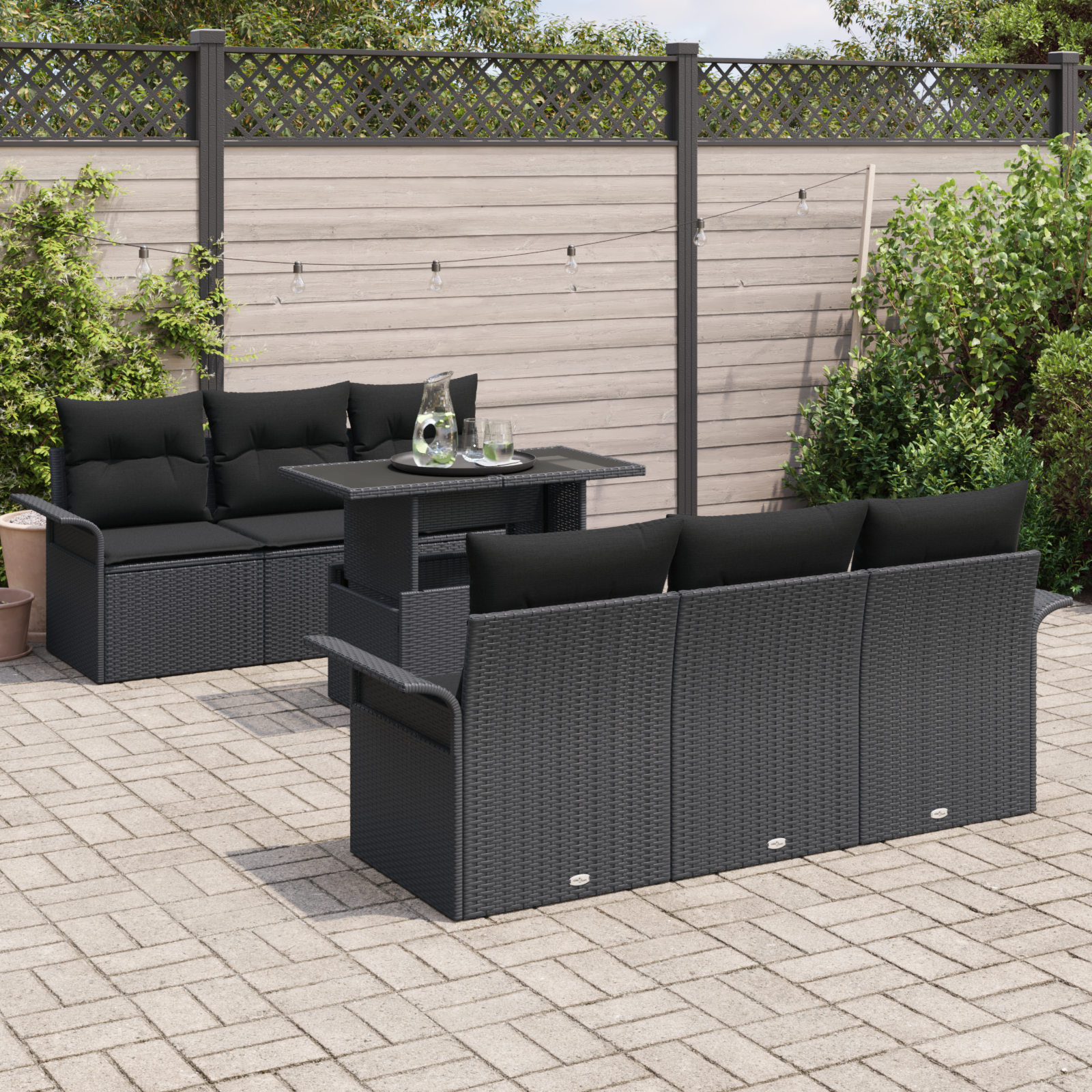 vidaXL 7-delige Tuinbankenset met kussens poly rattan zwart