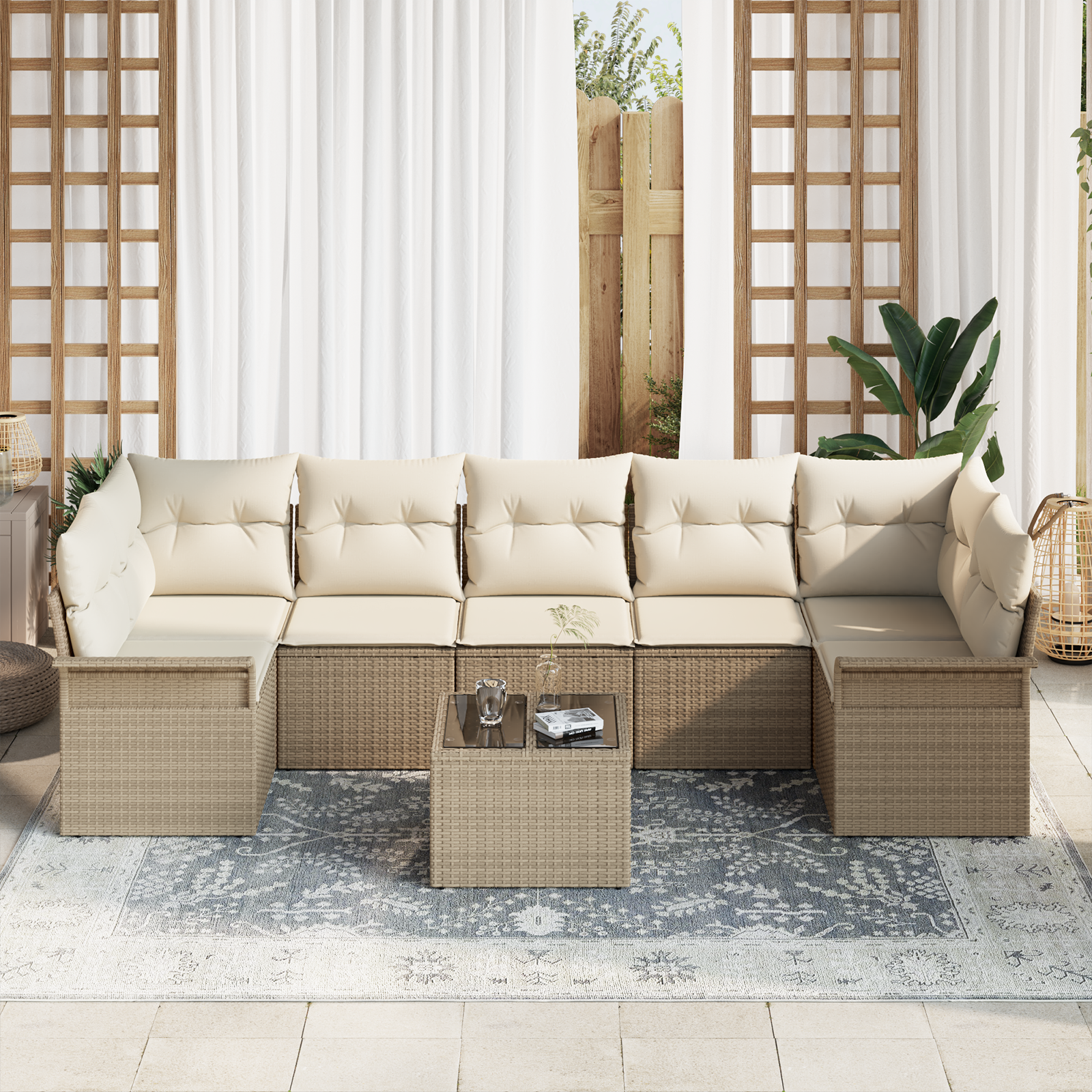 vidaXL 8-delige Tuinbankenset met kussens poly rattan beige