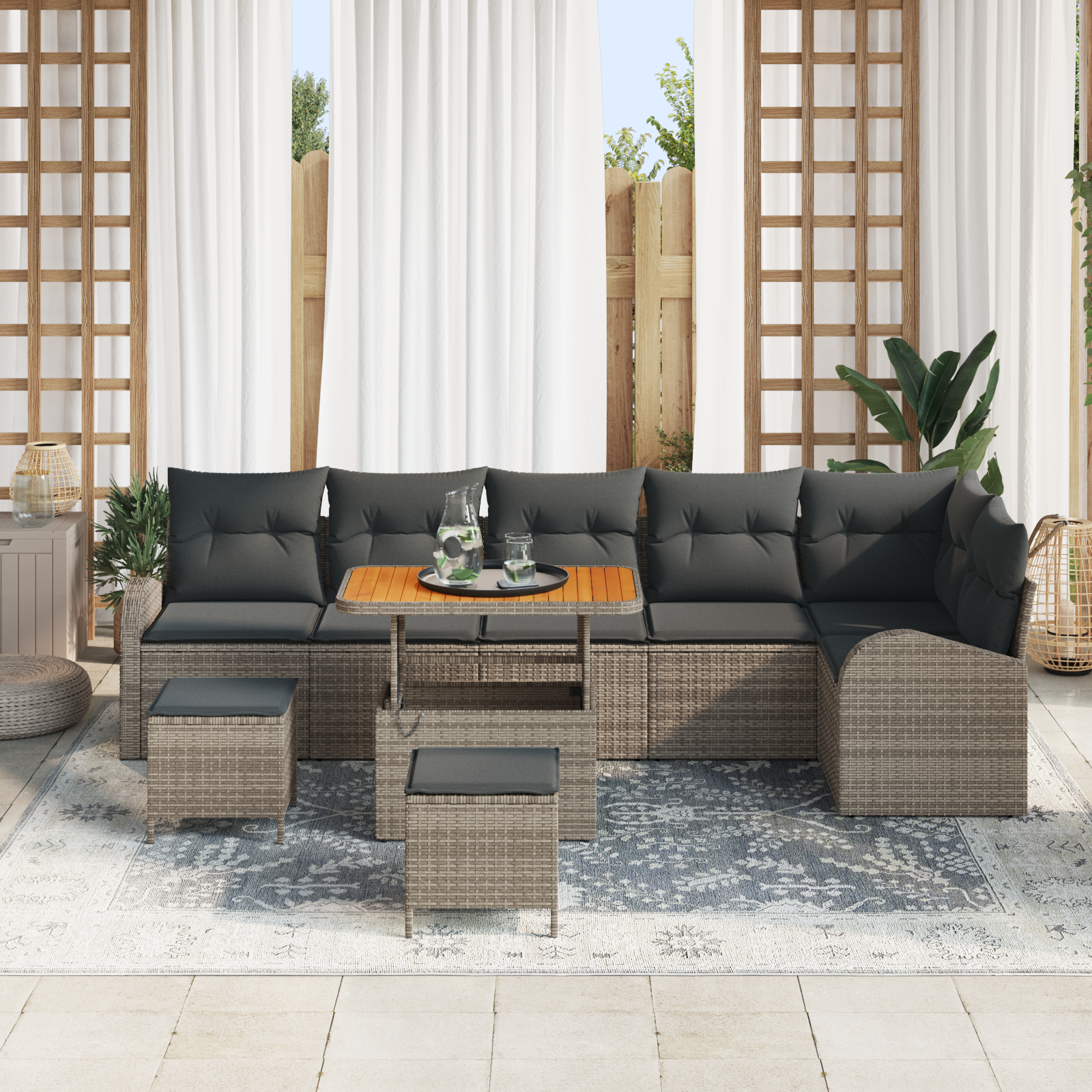vidaXL 9-delige Tuinbankenset met kussens poly rattan acacia grijs