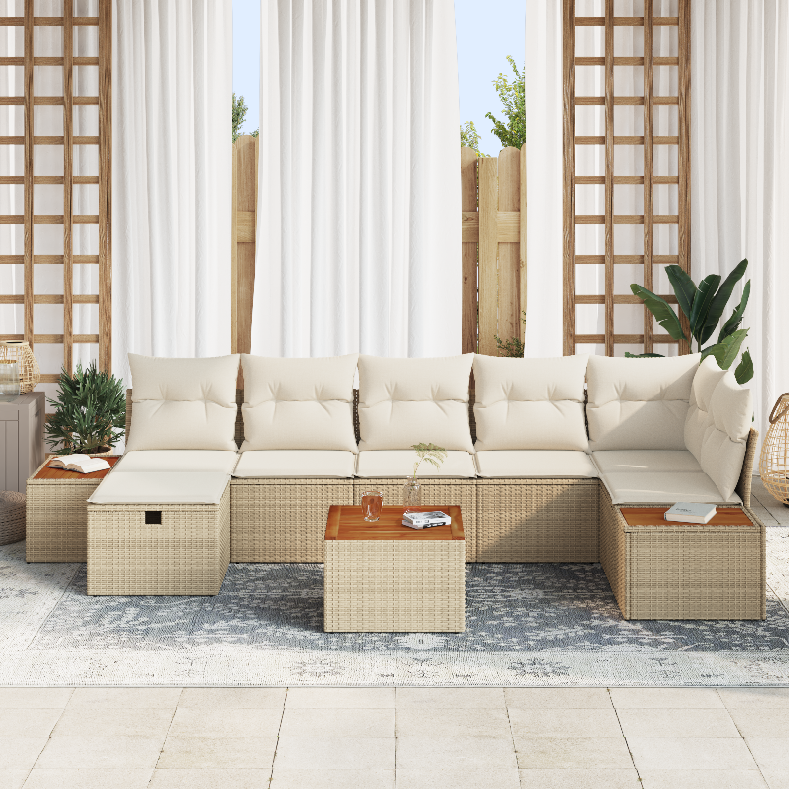 vidaXL 8-delige tuinset met kussens in beige poly rattan