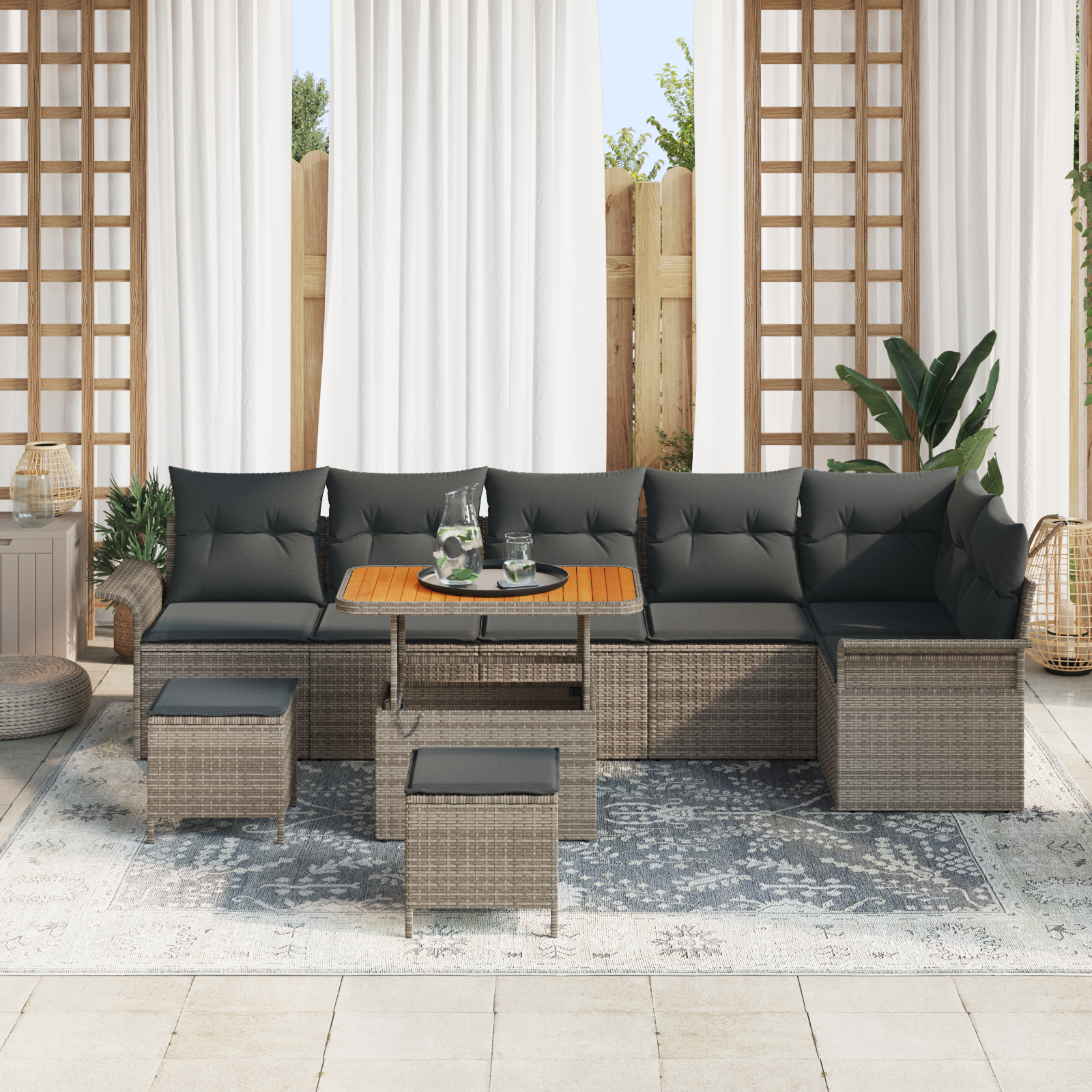 vidaXL 9-delige Tuinbankenset met kussens poly rattan acacia grijs