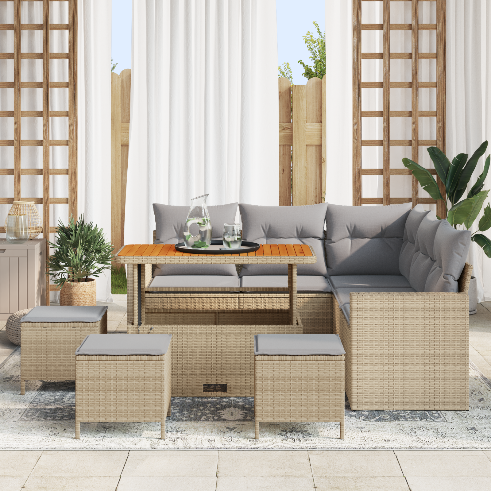 vidaXL 9-delige ligbedset met kussens in beige poly rattan en acacia