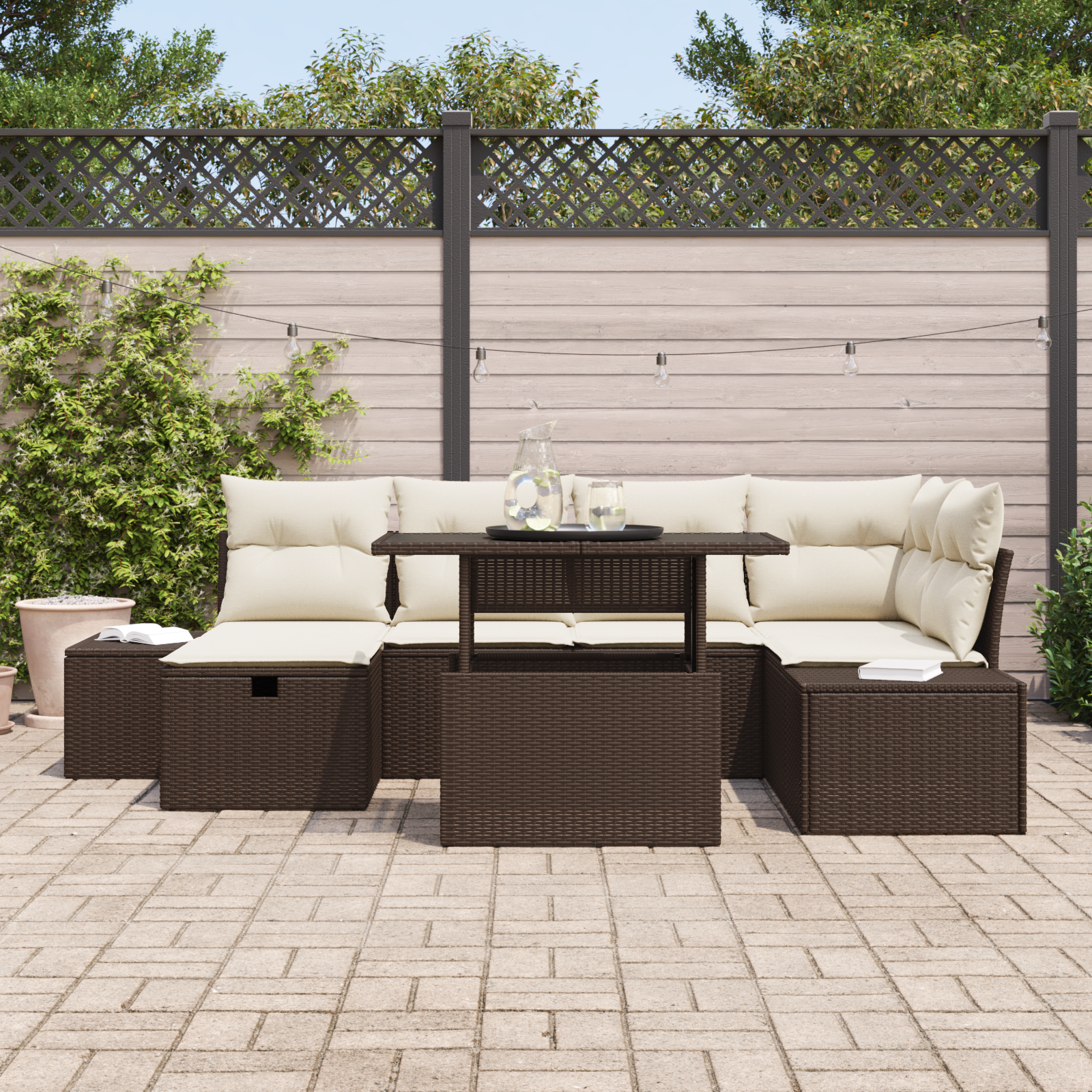 vidaXL 7-delige tuinset met kussens bruin poly rattan