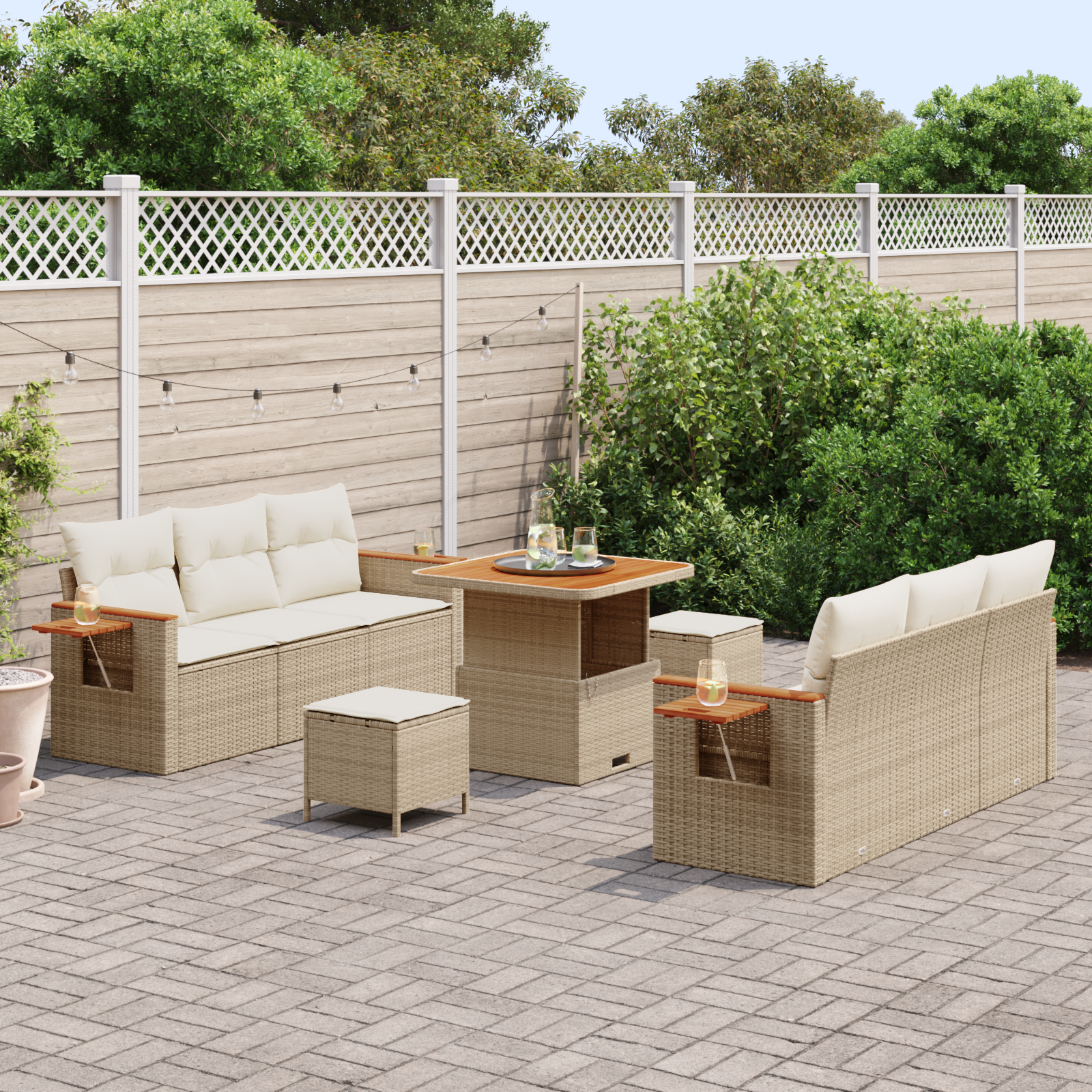 vidaXL 9-delige Tuinbankenset met kussens poly rattan acacia beige