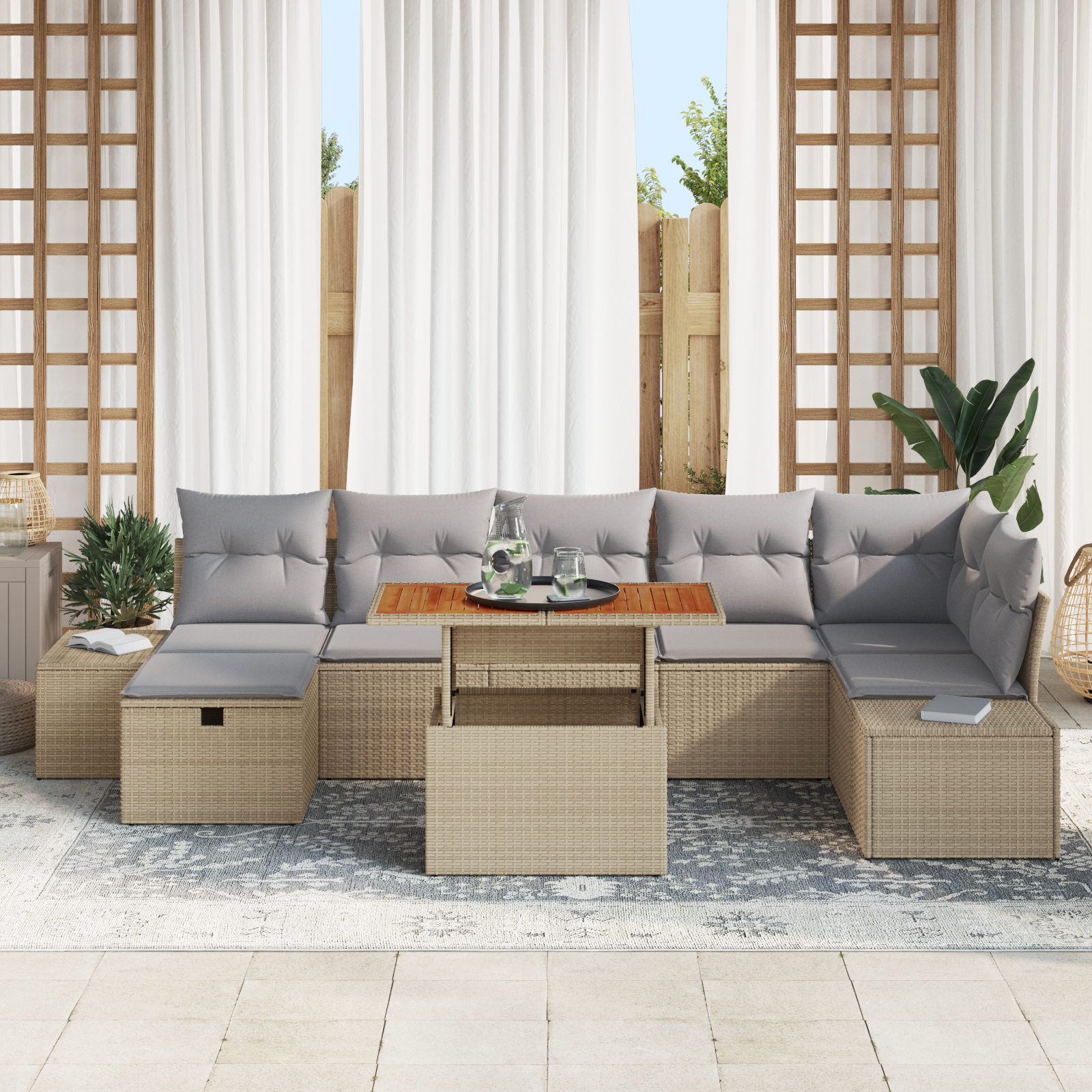 vidaXL 8-delige Tuinbankenset met kussens poly rattan beige