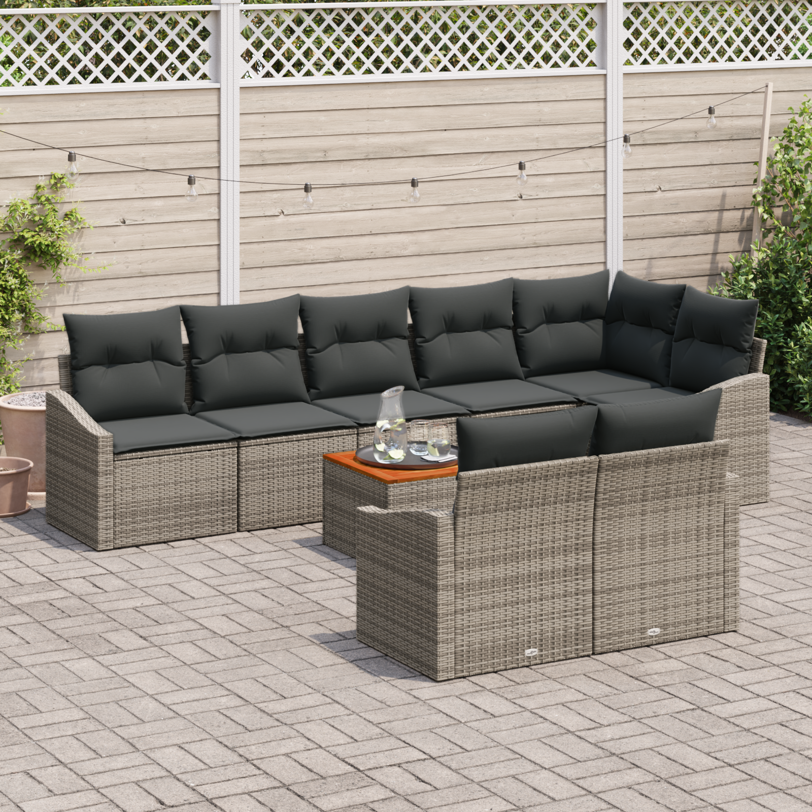 vidaXL 9-delige Tuinbankenset met kussens poly rattan acaciahout grijs