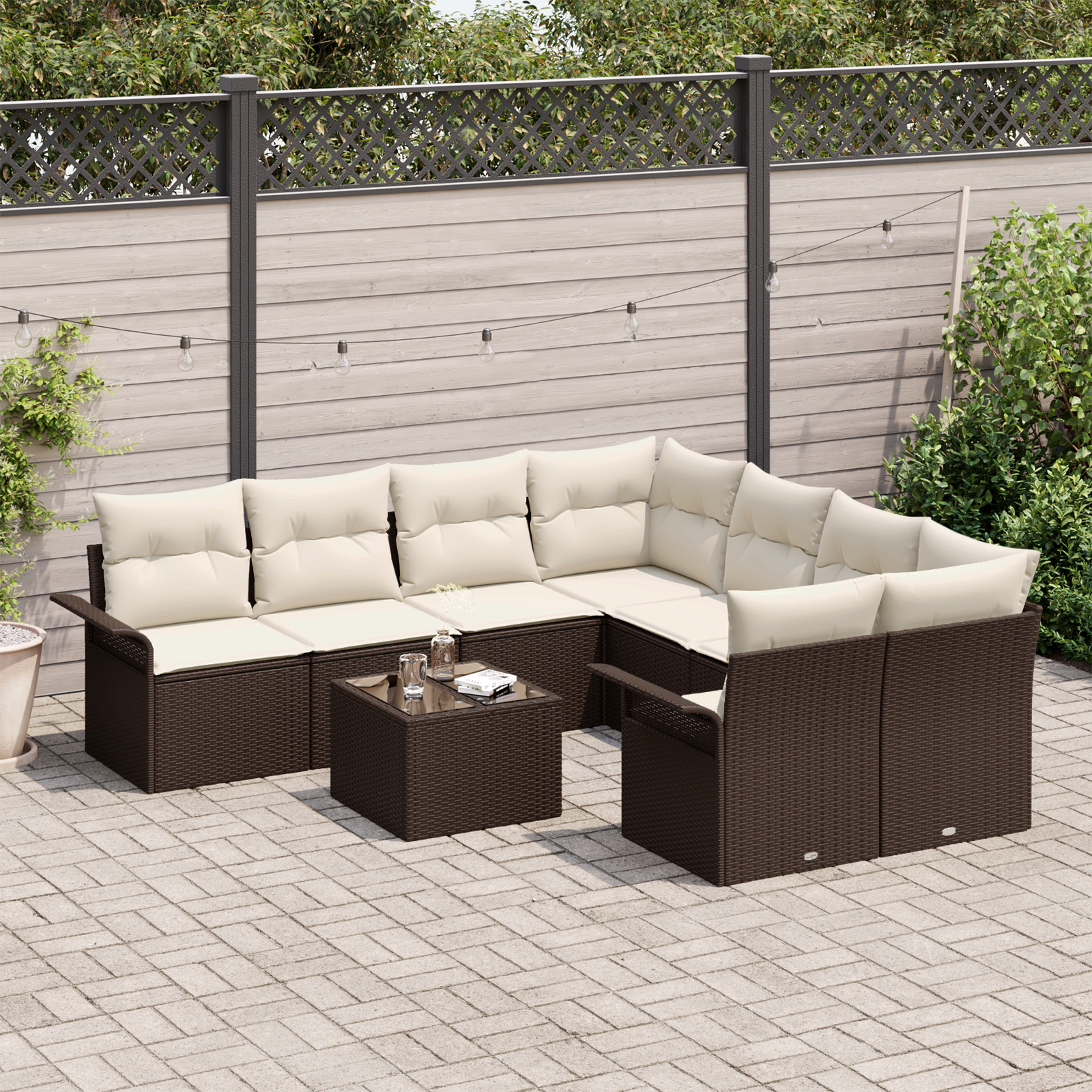 vidaXL 9-delige Tuinbankenset met kussens poly rattan bruin