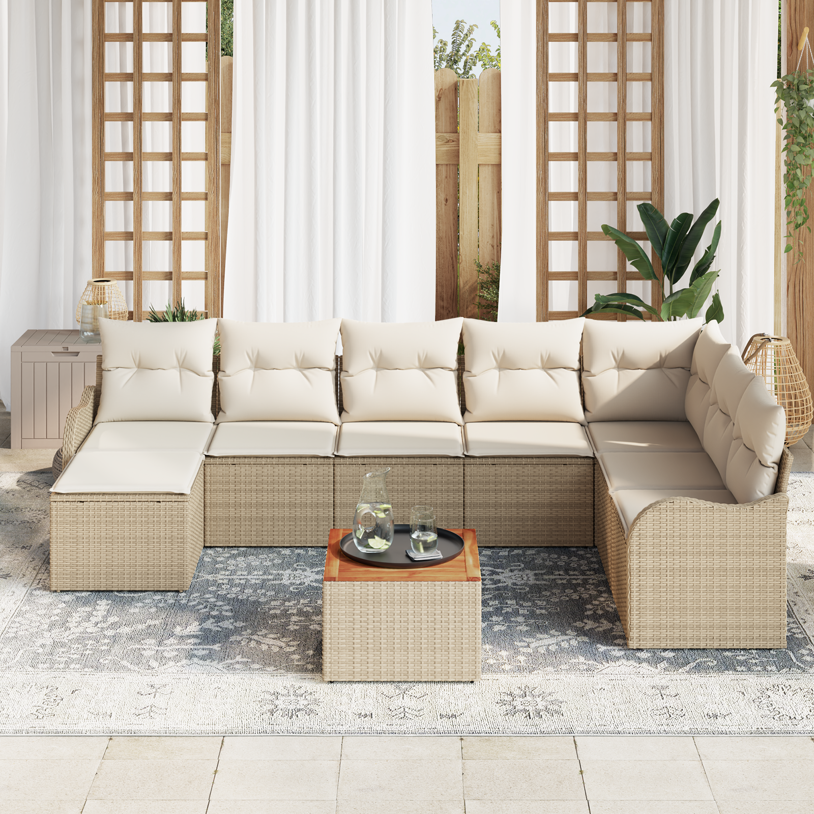 vidaXL 9-delige tuinset met kussens in beige van poly rattan en acacia