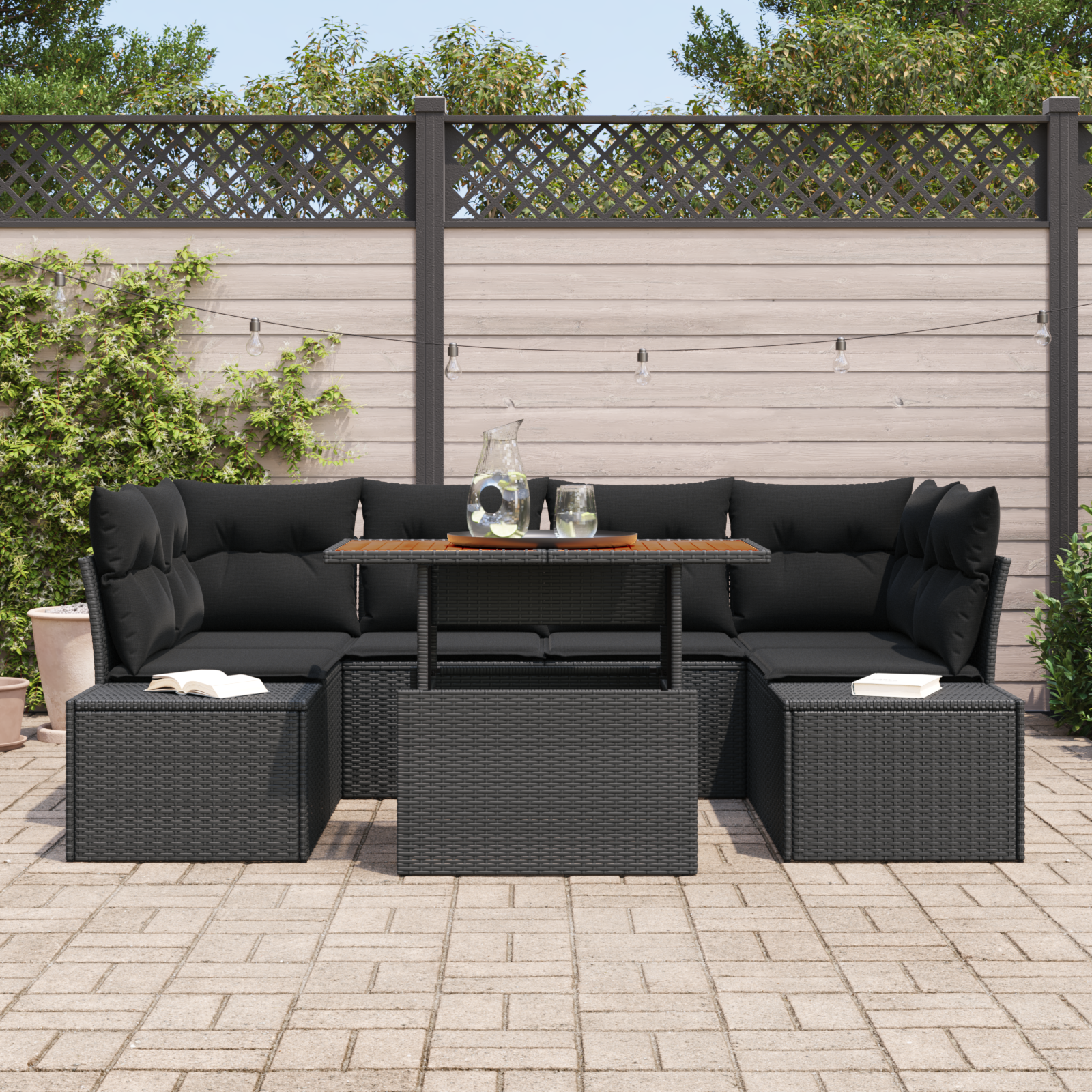 vidaXL 7-delige Tuinbankenset met kussens poly rattan zwart