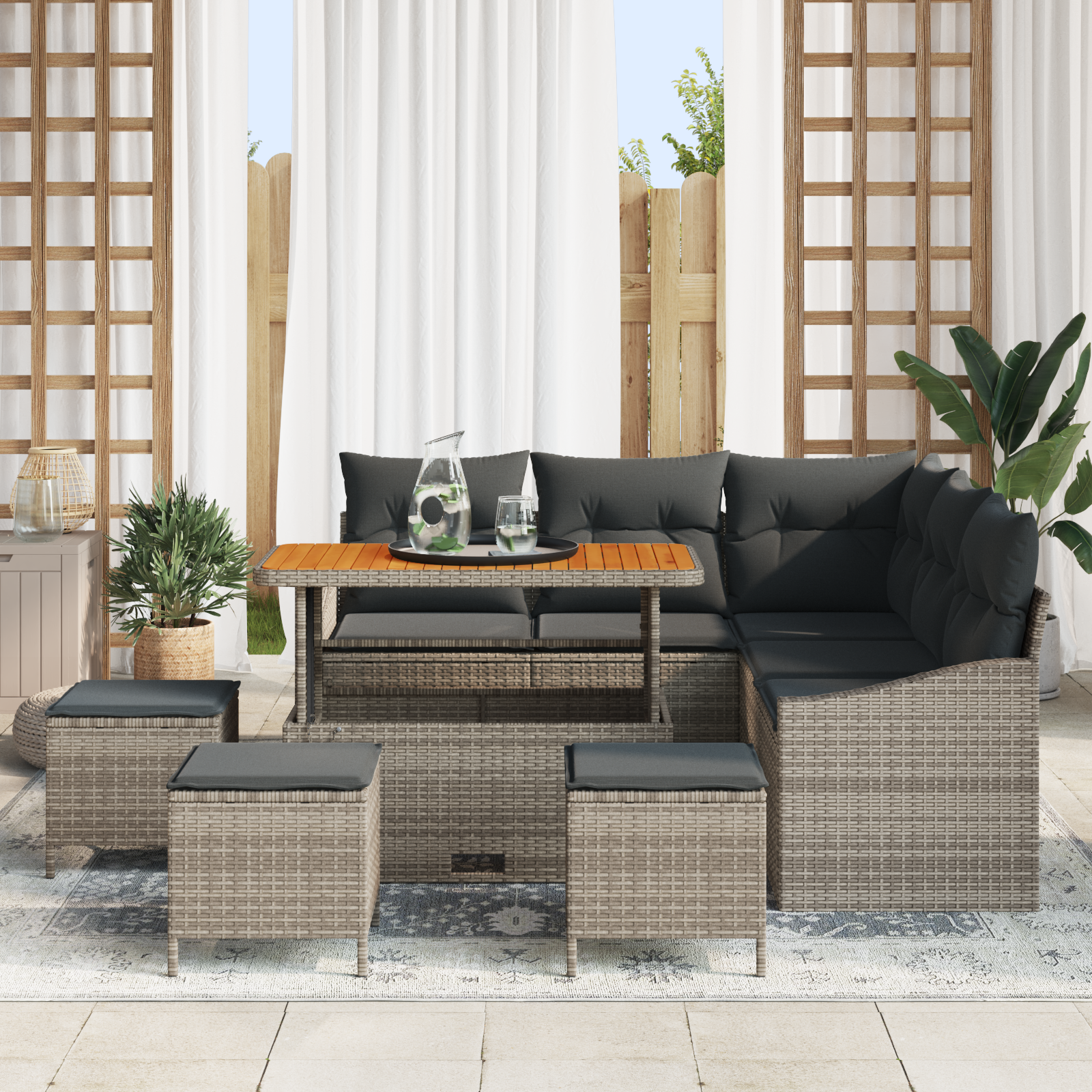 vidaXL 9-delige Tuinbankenset met kussens poly rattan acacia grijs