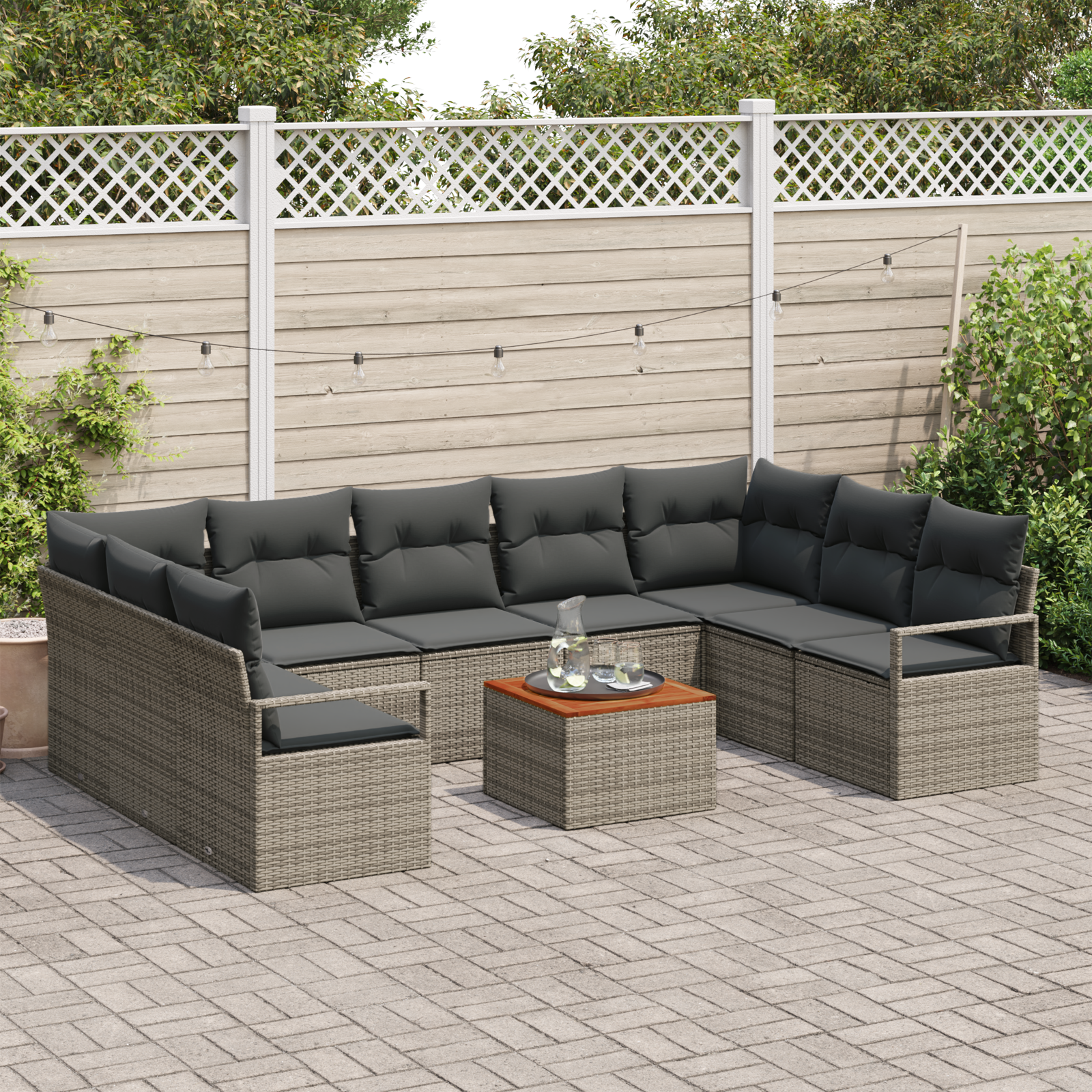vidaXL 10-delige tuinset met kussens Grijs Poly Rattan Acacia