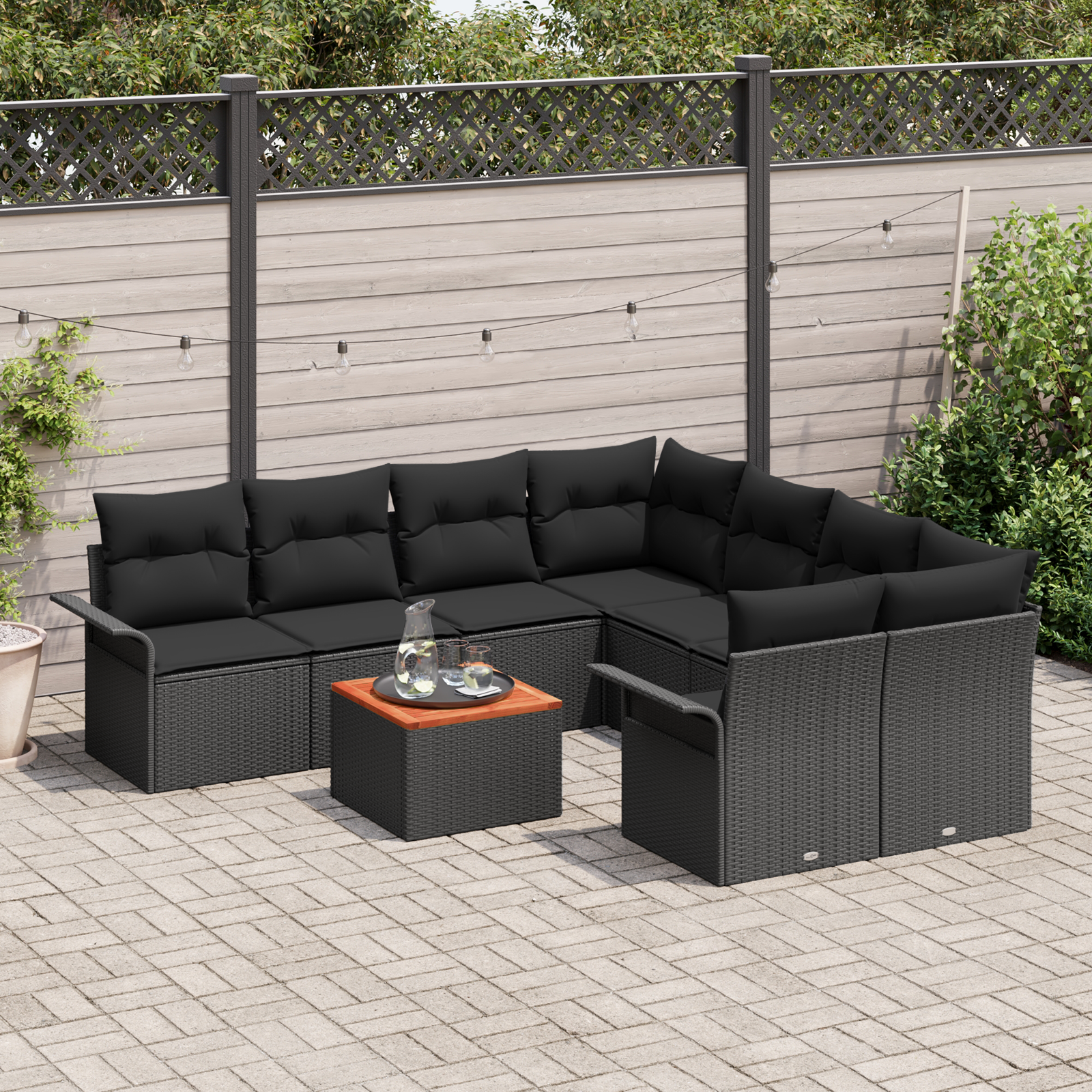 vidaXL 9-delige Tuinbankenset met kussens poly rattan acaciahout zwart