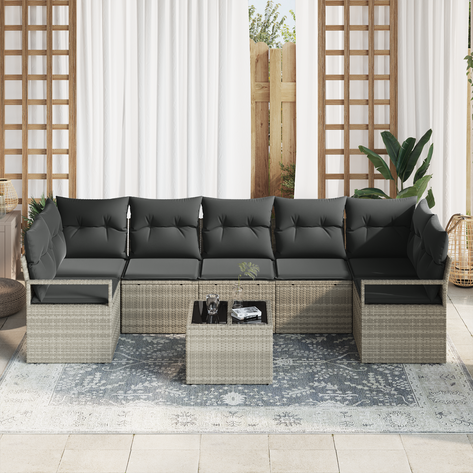 vidaXL 8-delige tuinset met kussens lichtgrijs poly rattan