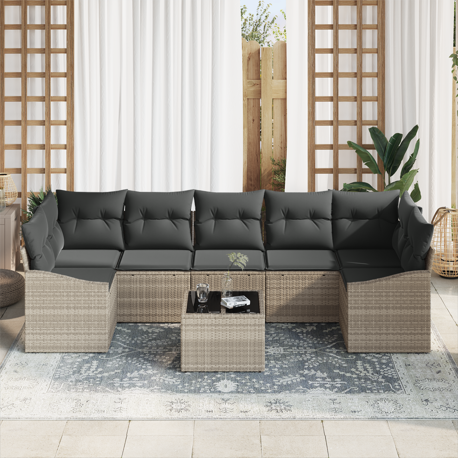 vidaXL 8-delige Tuinbankenset met kussens poly rattan lichtgrijs