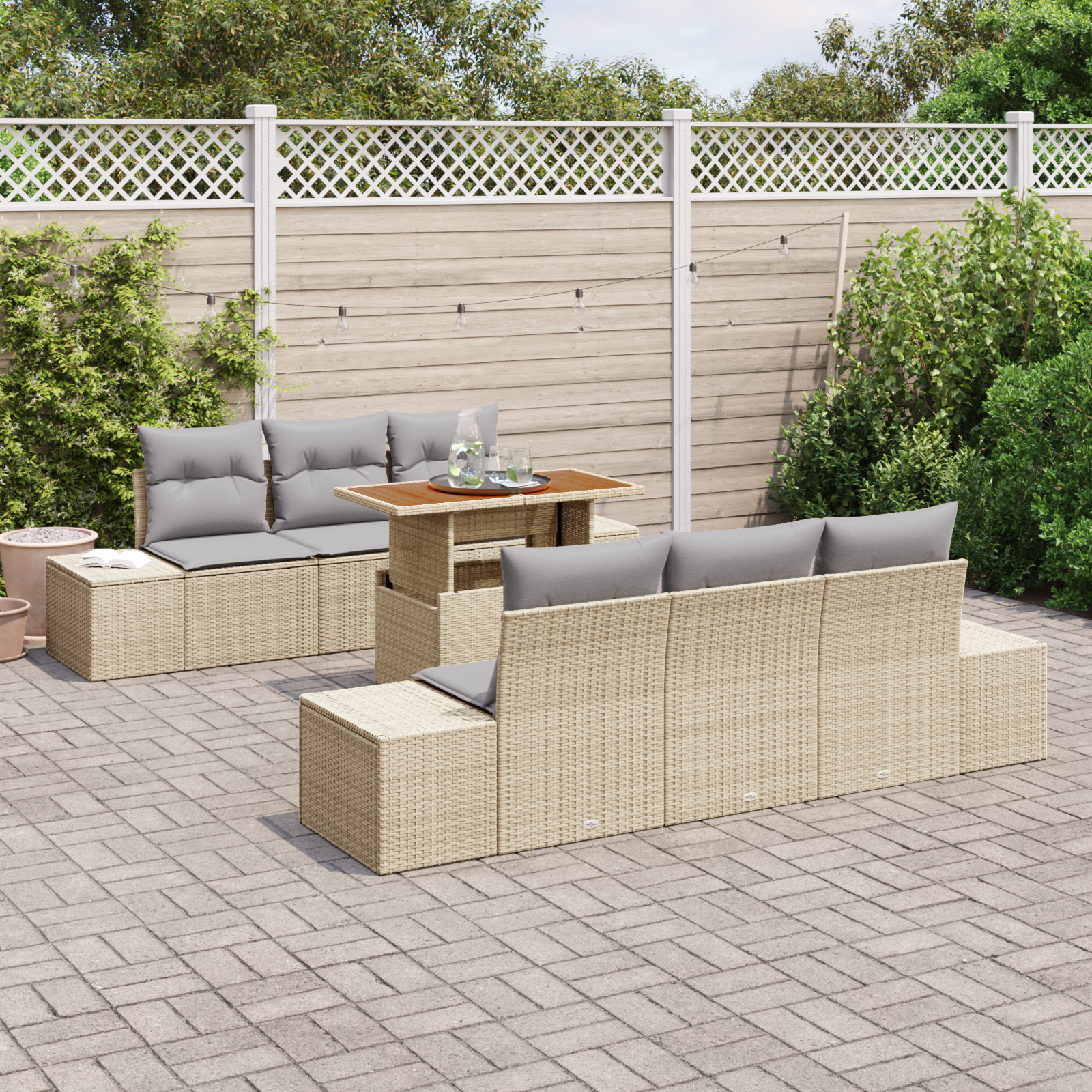 vidaXL 7-delige Tuinset met kussens poly rattan acaciahout beige