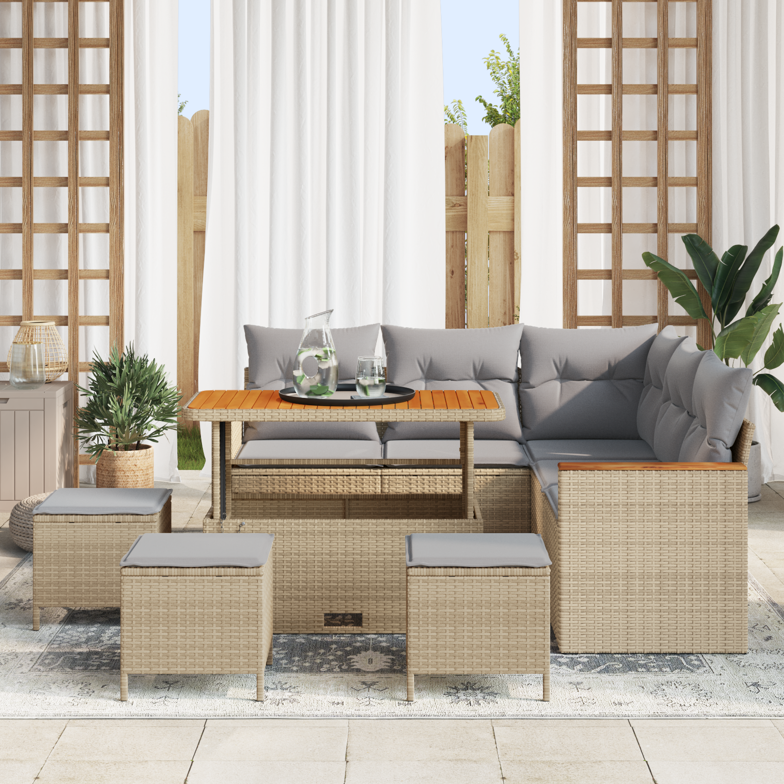 vidaXL 9-delige Tuinbankenset met kussens poly rattan acacia beige
