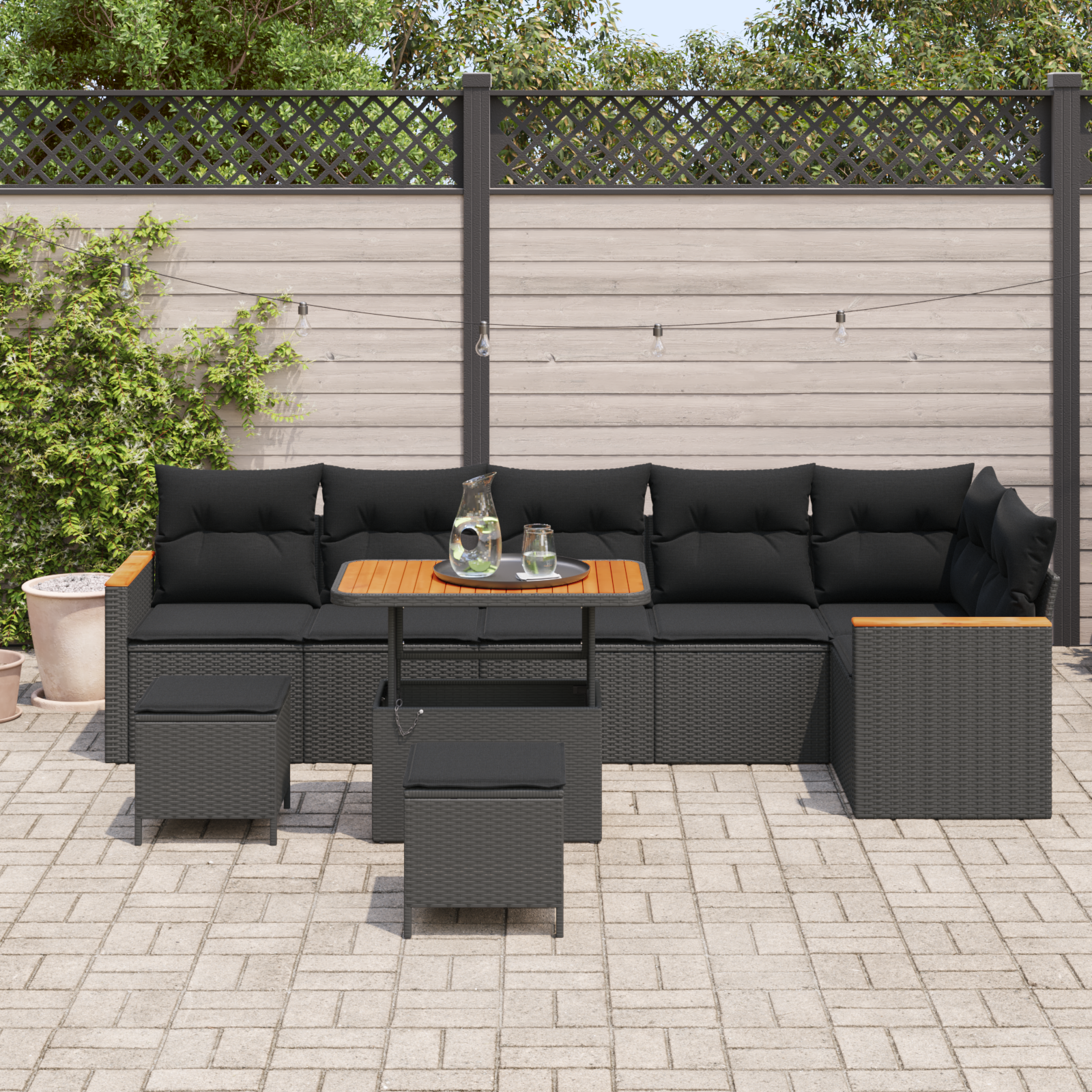 vidaXL 9-delige Tuinbankenset met kussens poly rattan acacia zwart
