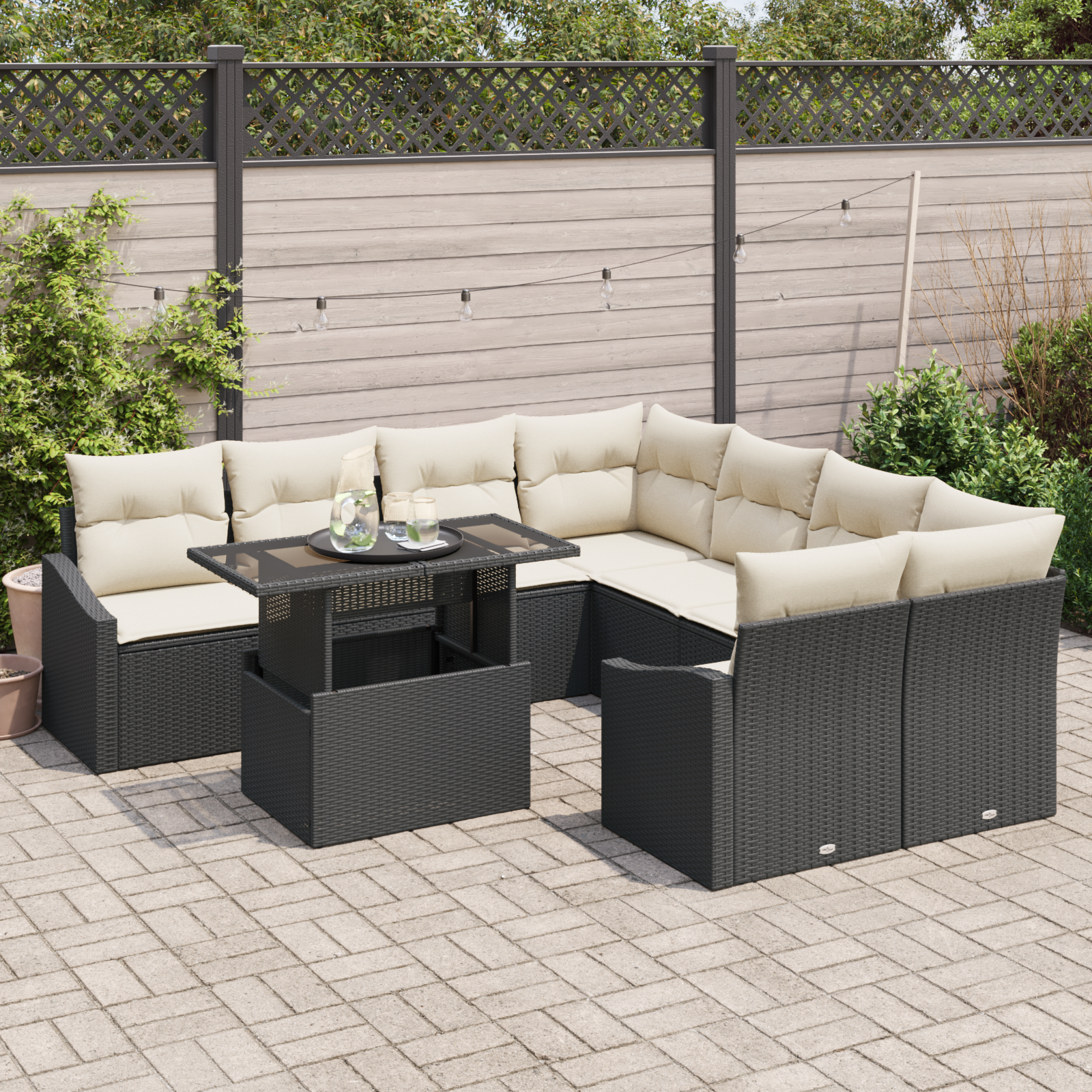 vidaXL 9-delige Tuinbankenset met kussens poly rattan zwart