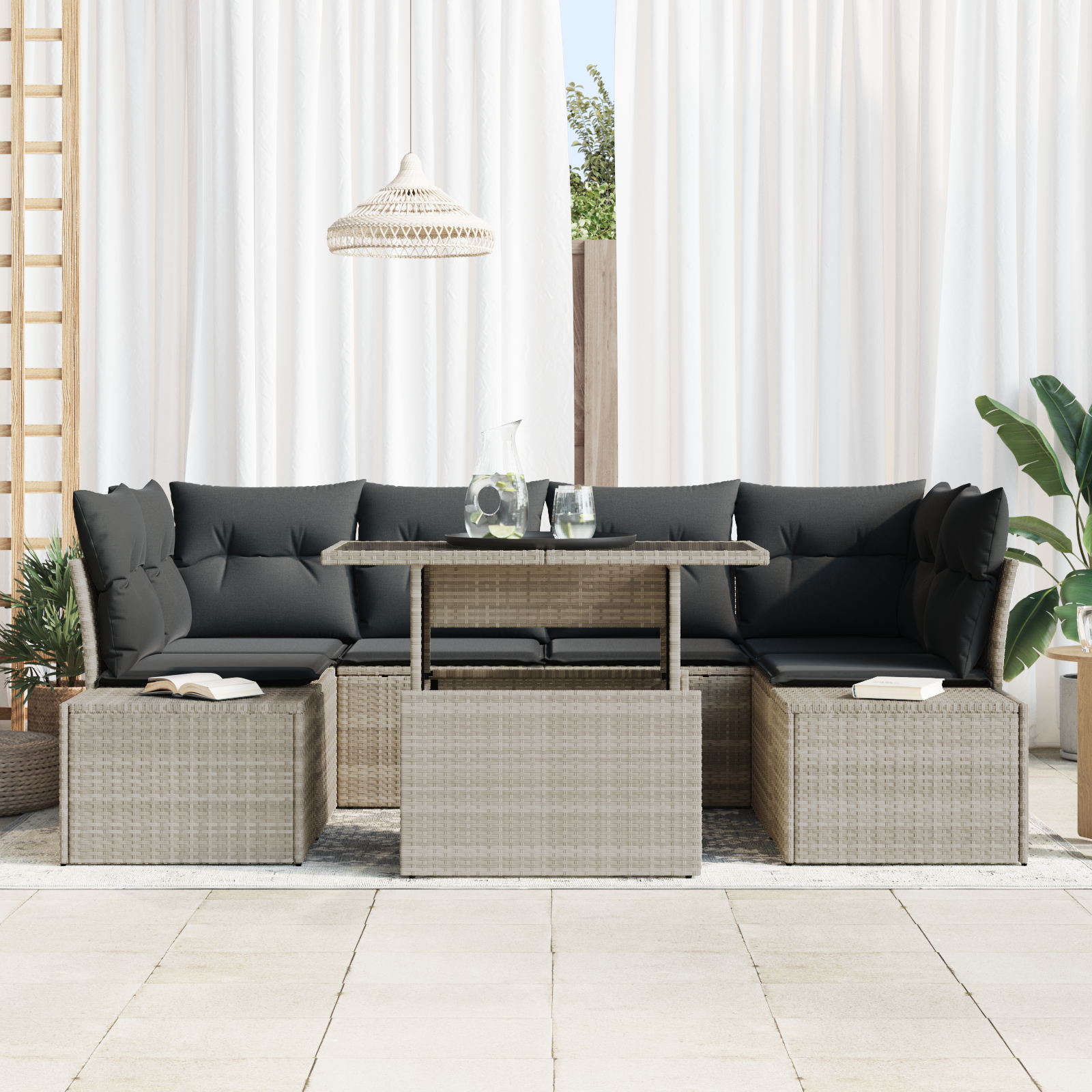 vidaXL 7-delige Tuinbankenset met kussens poly rattan lichtgrijs