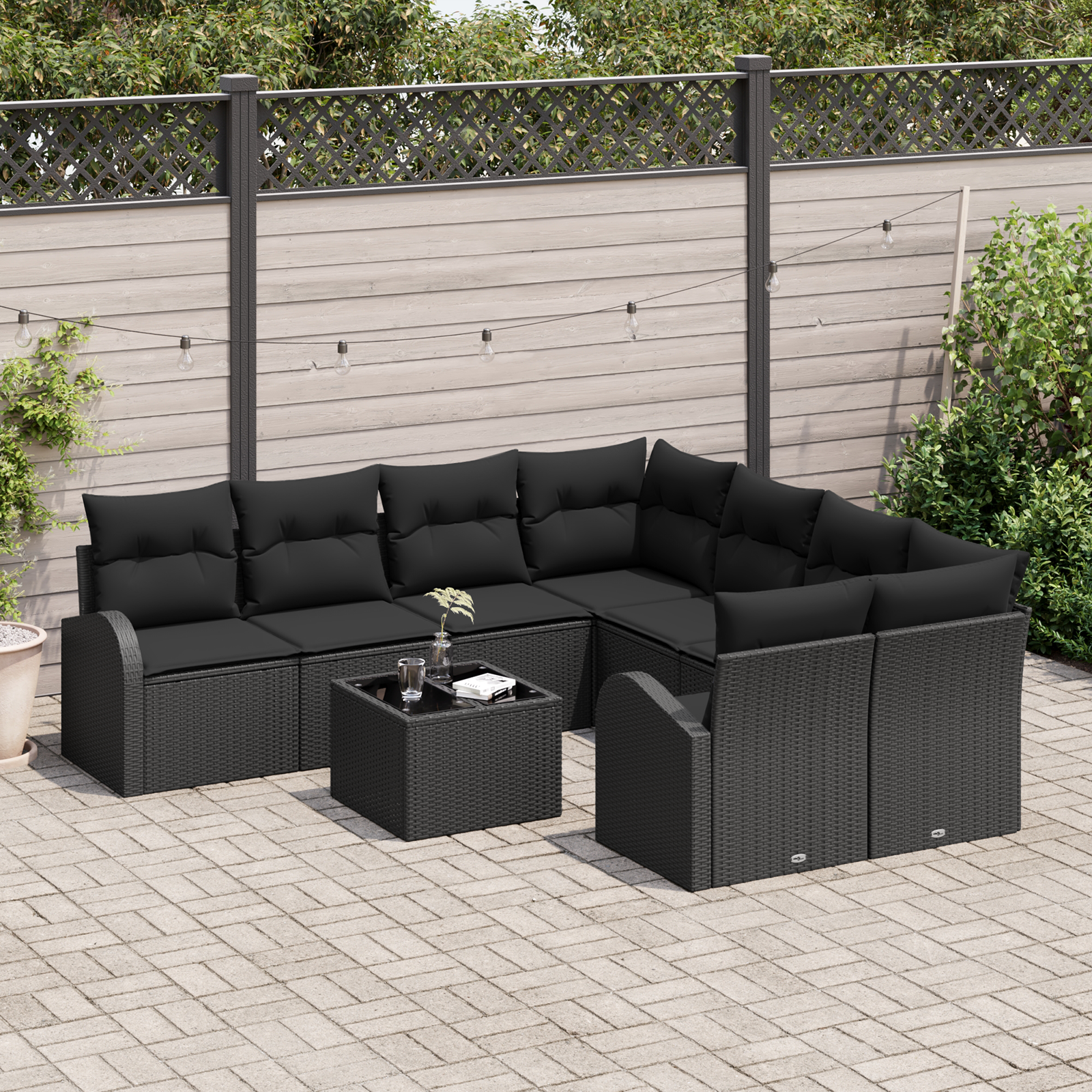 vidaXL 9-delige tuinsofa set met kussens zwart poly rattan