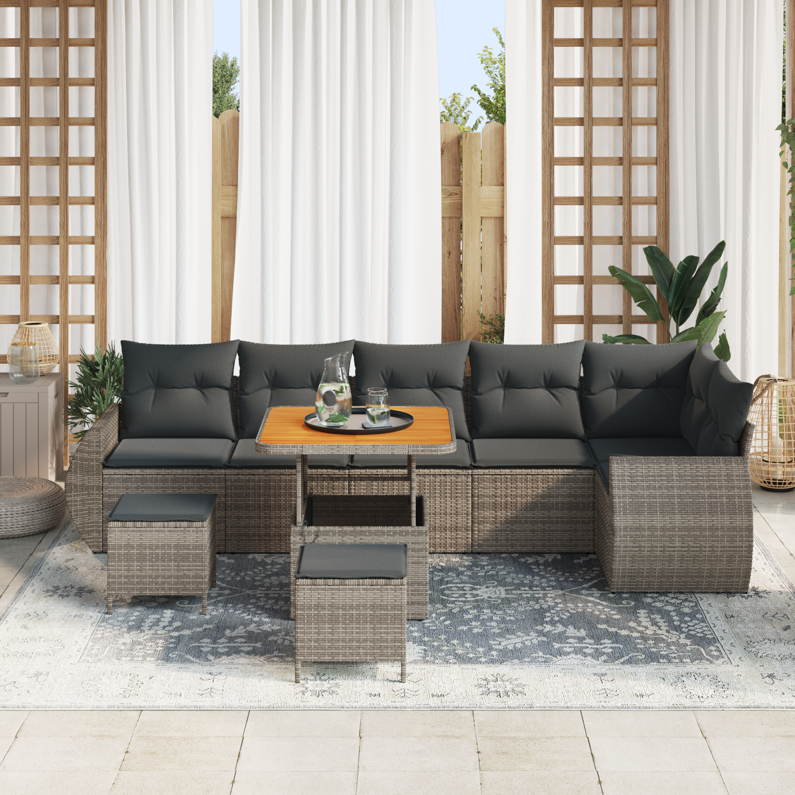 vidaXL 9-delige Tuinbankenset met kussens poly rattan acacia grijs