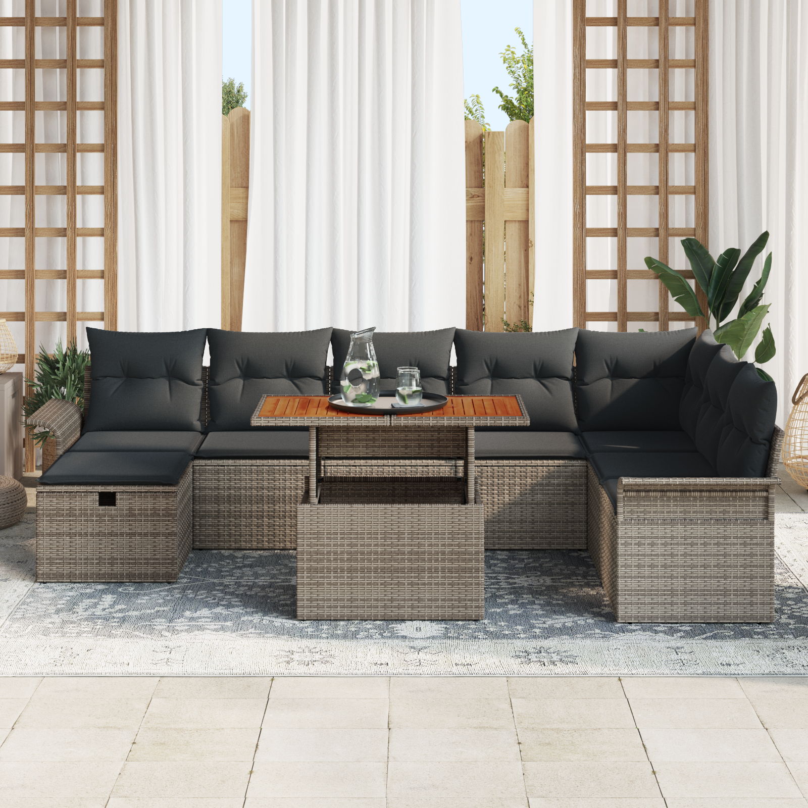 vidaXL 9-delige Tuinbankenset met kussens poly rattan grijs