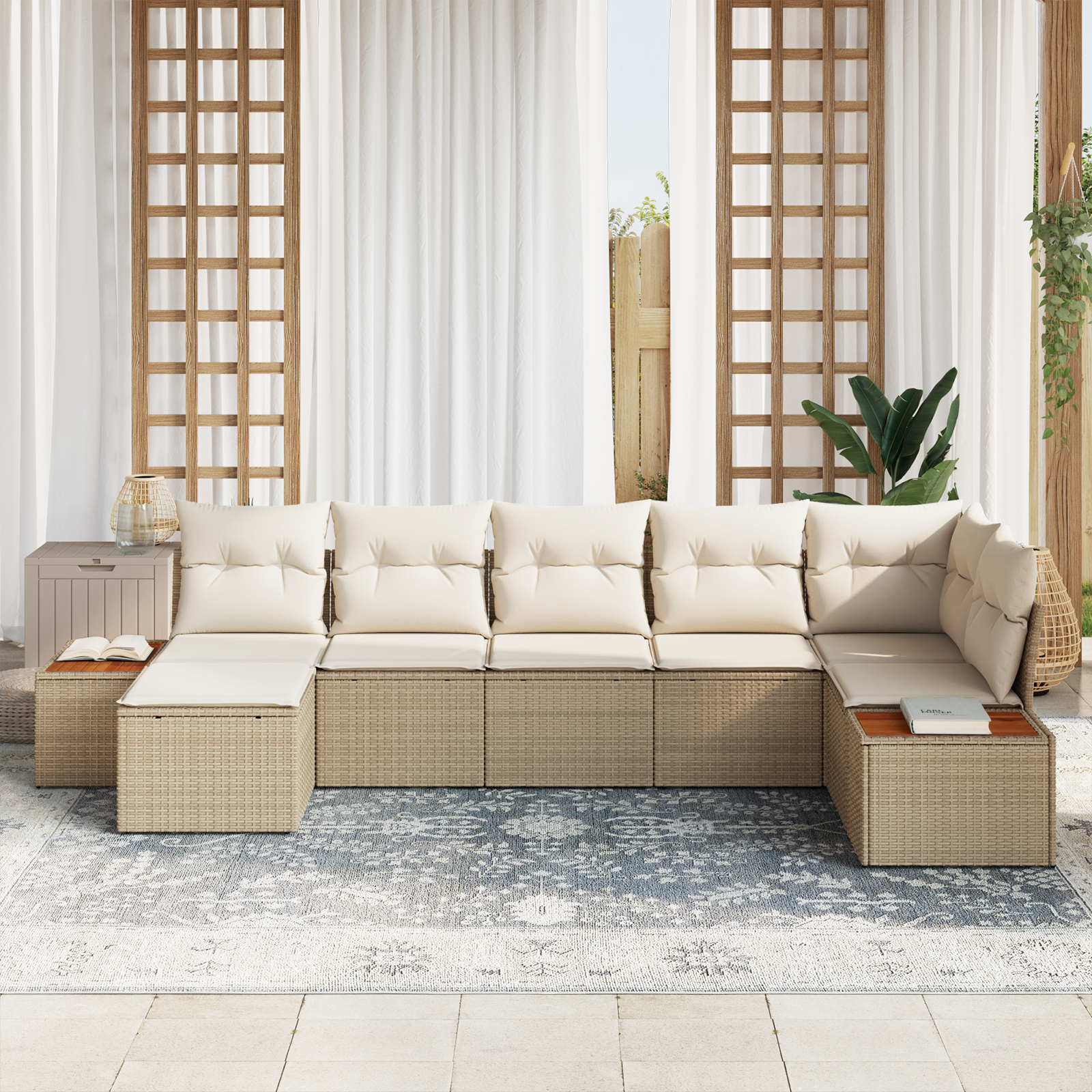 vidaXL 7-delige Tuinbankenset met kussens poly rattan acacia beige