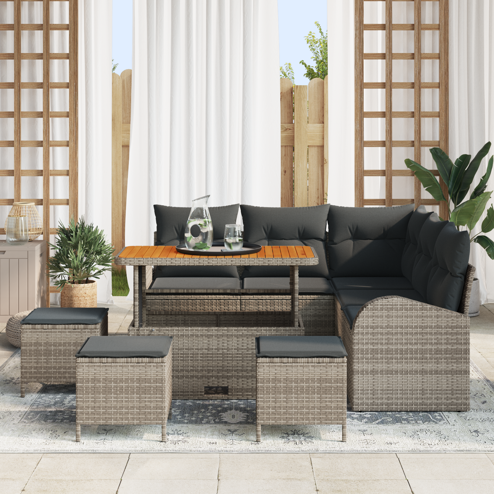 vidaXL 9-delige Tuinbankenset met kussens poly rattan acacia grijs