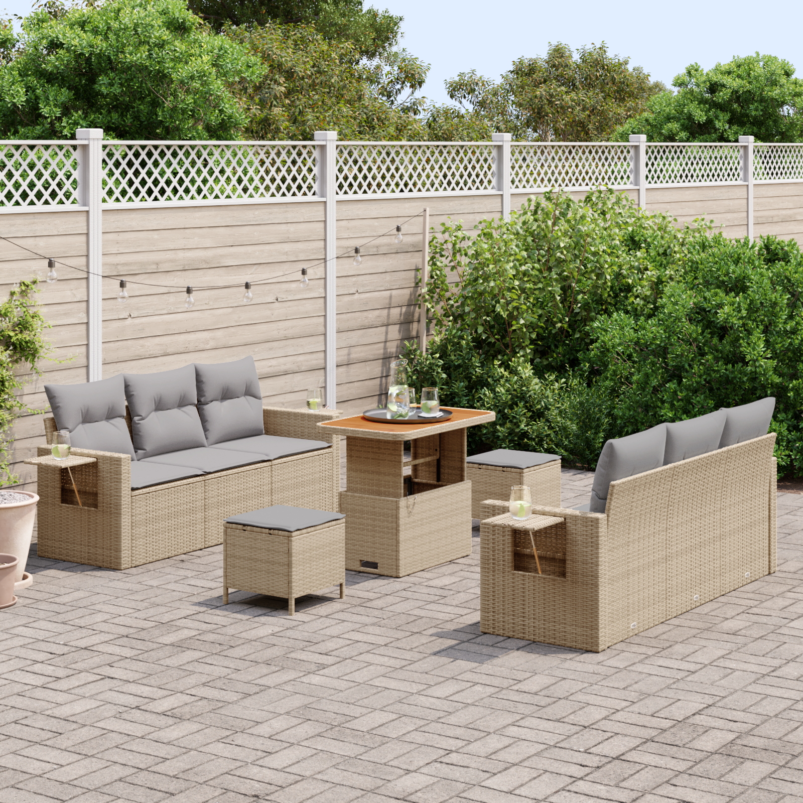 vidaXL 9-delige Tuinbankenset met kussens poly rattan acacia beige
