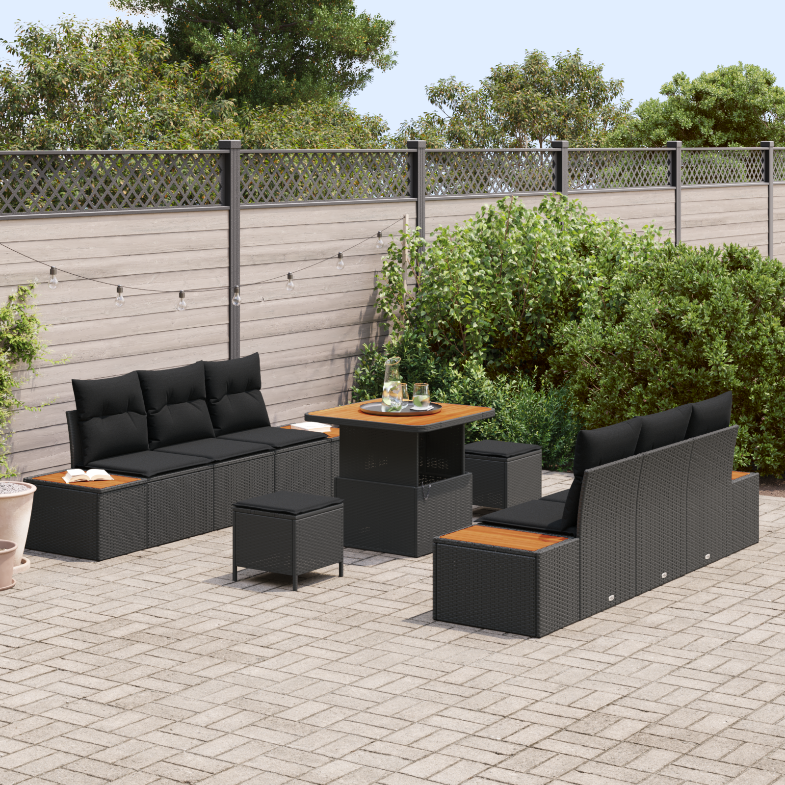 vidaXL 9-delige tuinset met kussens zwart poly rattan acacia