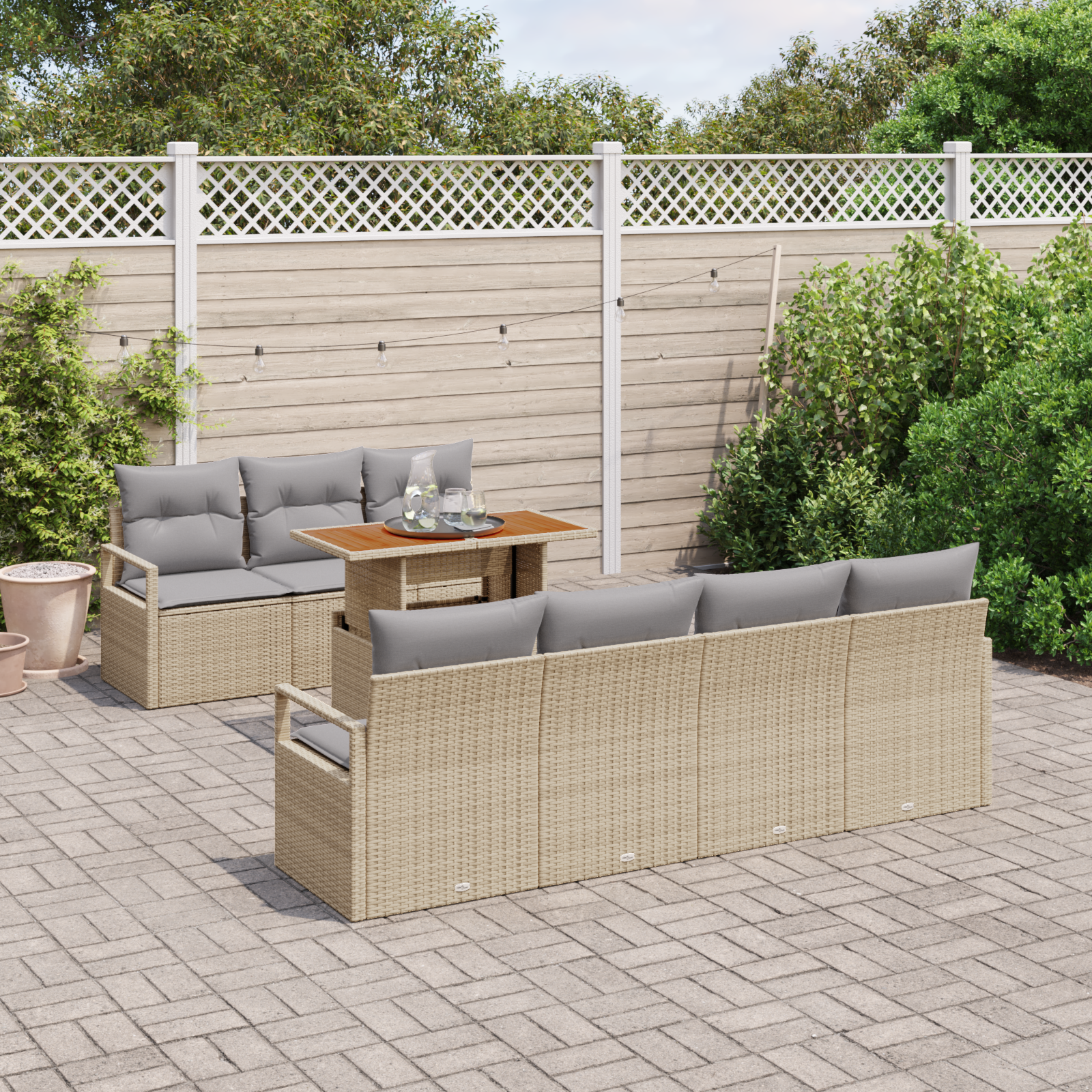 vidaXL 8-delige tuinset met kussens in beige poly rattan en acacia