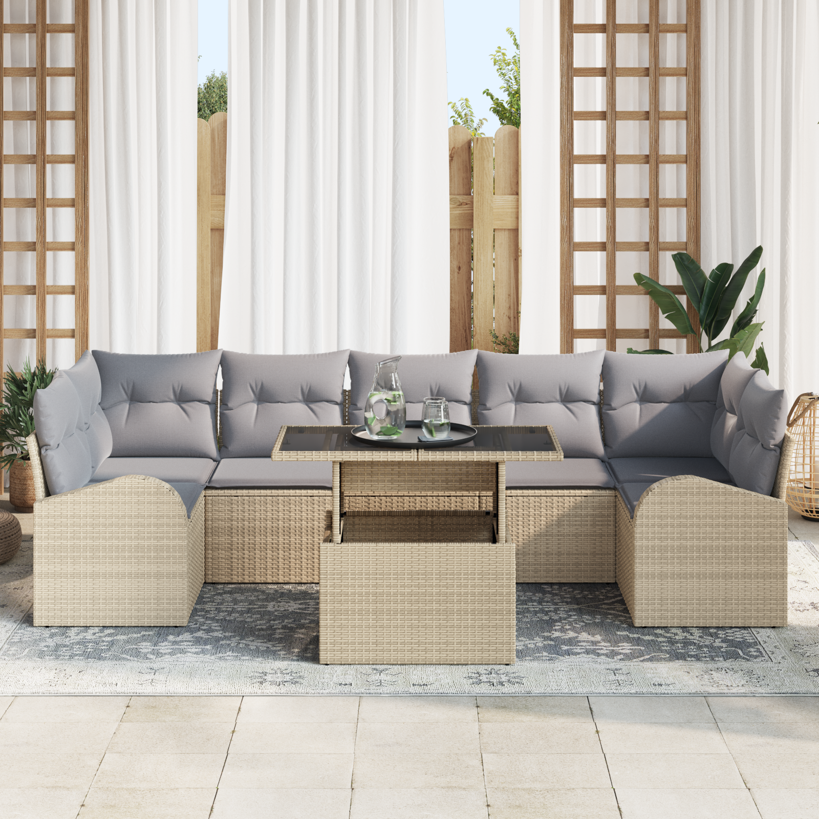 vidaXL 8-delige tuinset met kussens in beige poly rattan