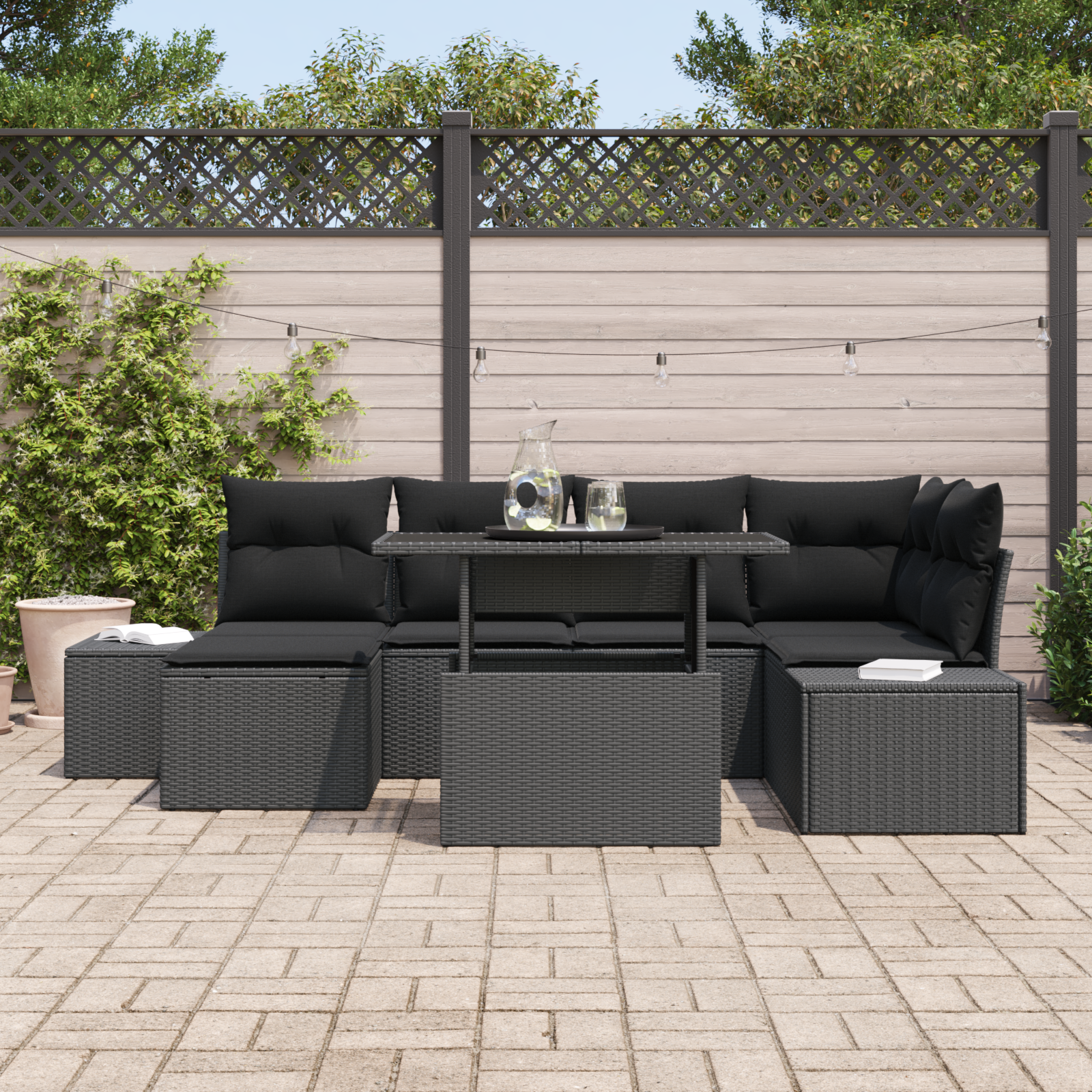 vidaXL 7-delige Tuin Sofa Set met Kussens – Zwart Poly Rattan